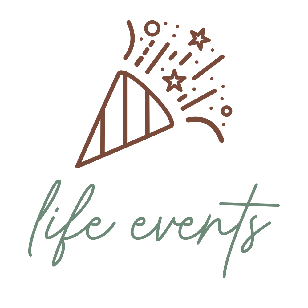 Minimal confetti icon representing life event celebrations including retirements, career changes, divorce parties, promotions, farewell gatherings, and new beginnings.