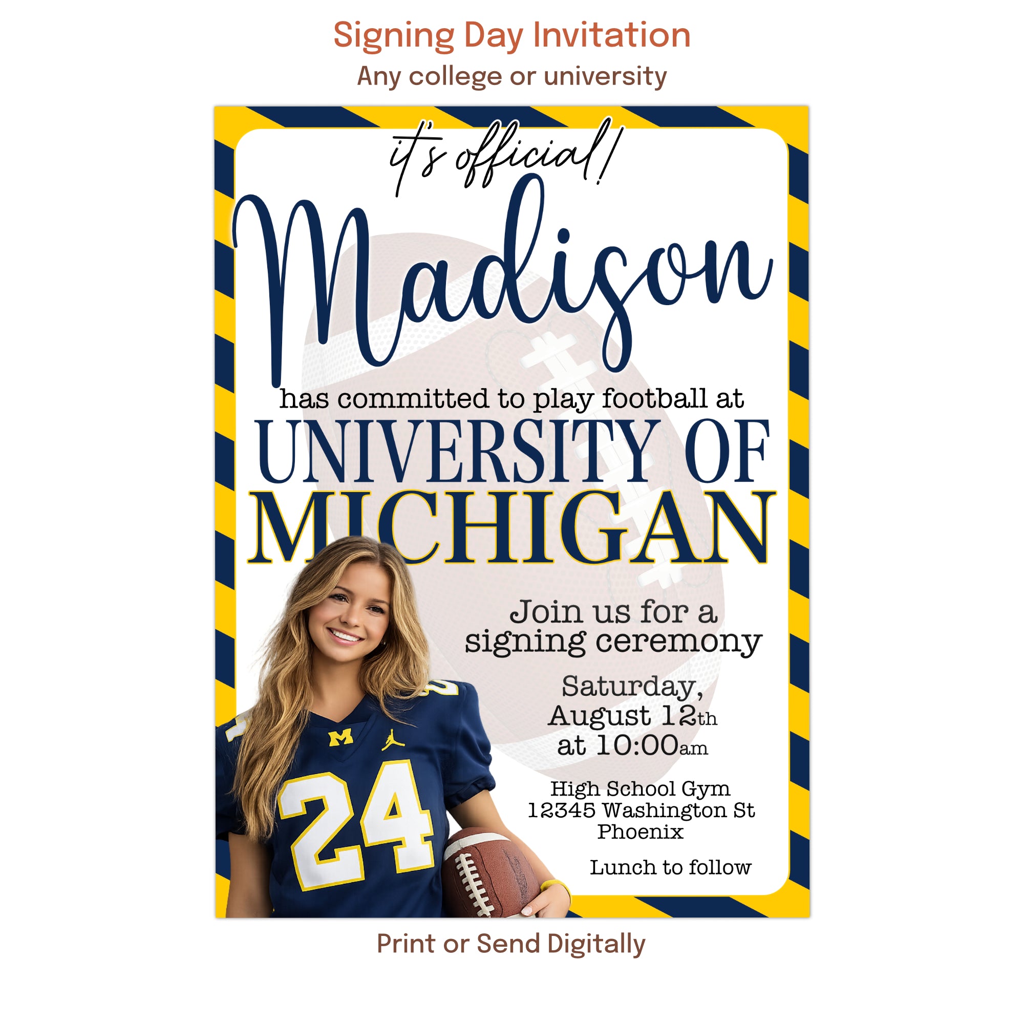 College signing day invitation personalized for athlete commitment announcement