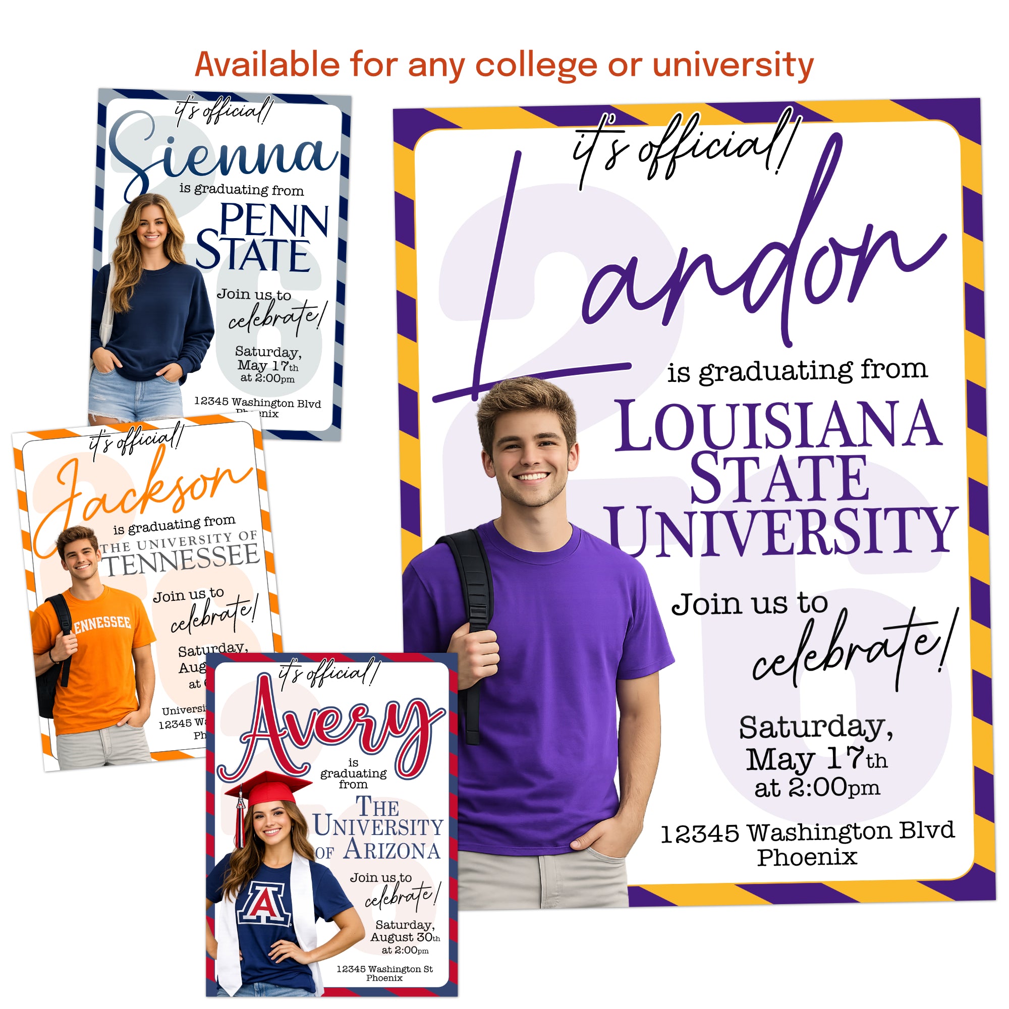 Senior graduation invitation customized in school colors with modern layout