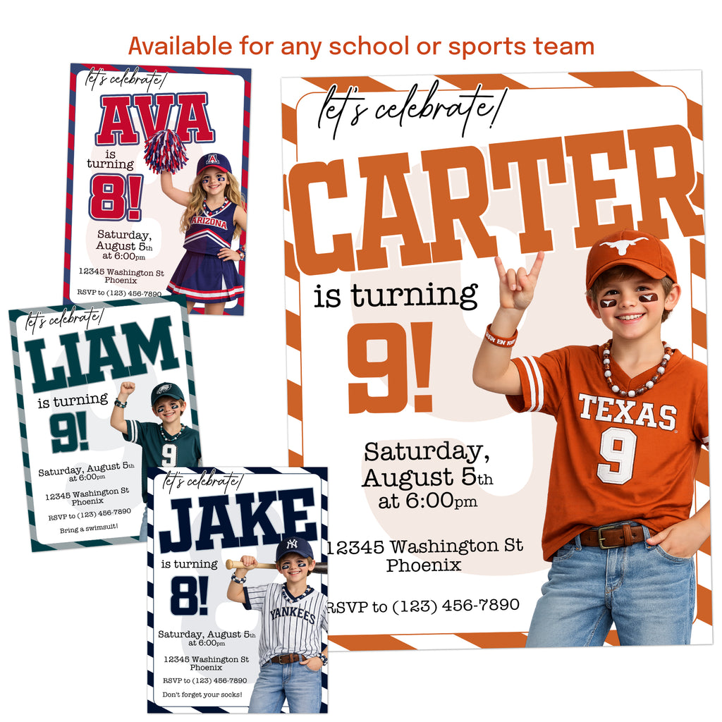 Sports birthday invitation template in midnight green team colors for a football themed birthday party with customizable child photo and party details.