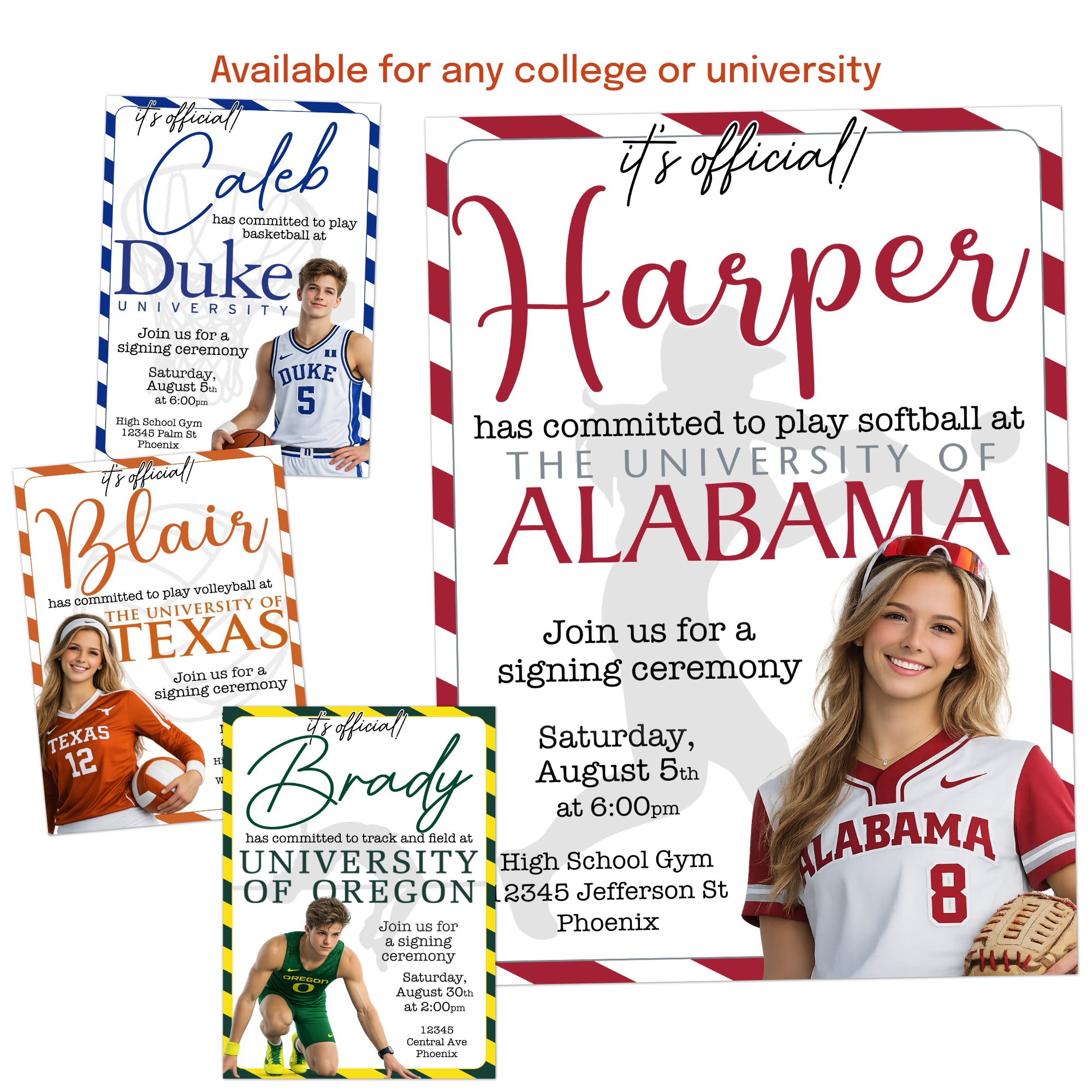 Custom athlete signing day invitation with university colors and sport details
