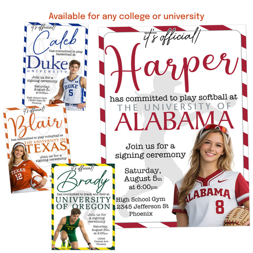 Custom athlete signing day invitation with university colors and sport details