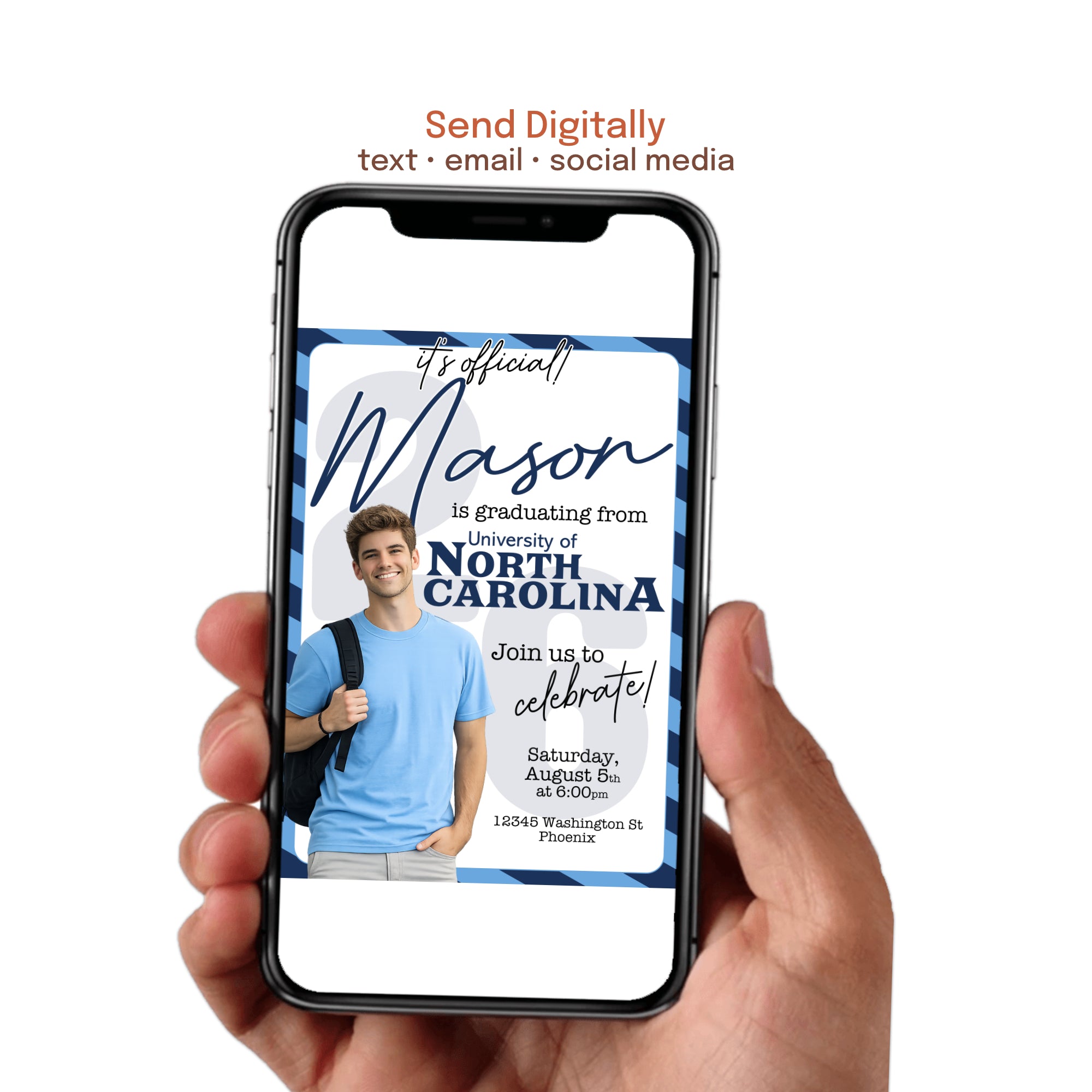 Custom graduation invite featuring graduate photo and event details. Send via text, email, or post on social media. Print at home or have it printed.