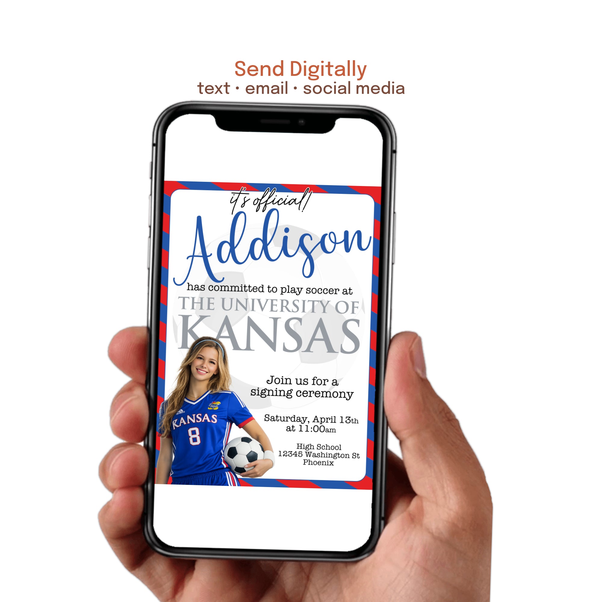 High school athlete college commitment party invitation 5x7 digital design, Send this invite digitally, via text, email, or social media or print it at home.