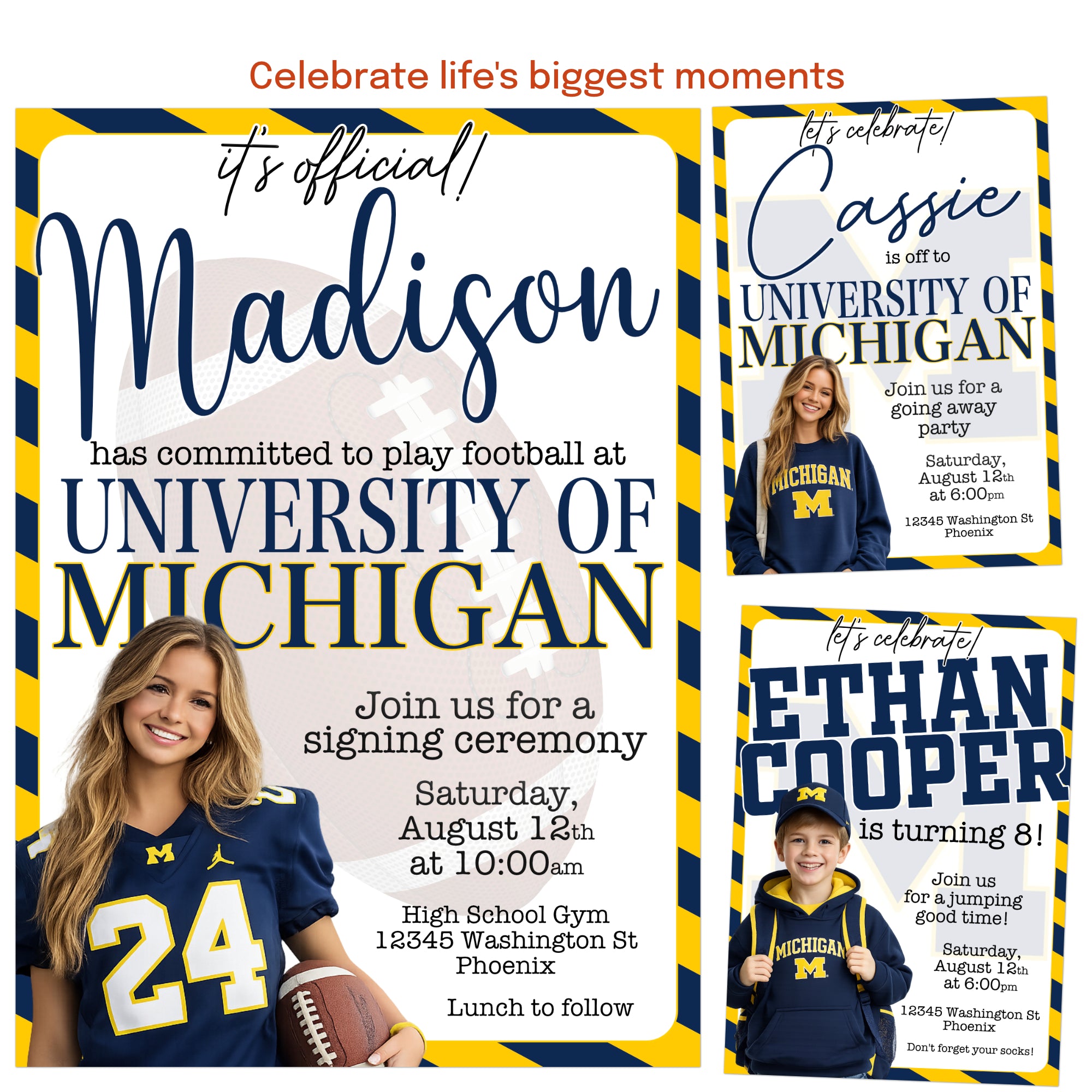 Custom professionally personalized college or university theme invitation. Customized for any college or university colors and to suit any occasion.