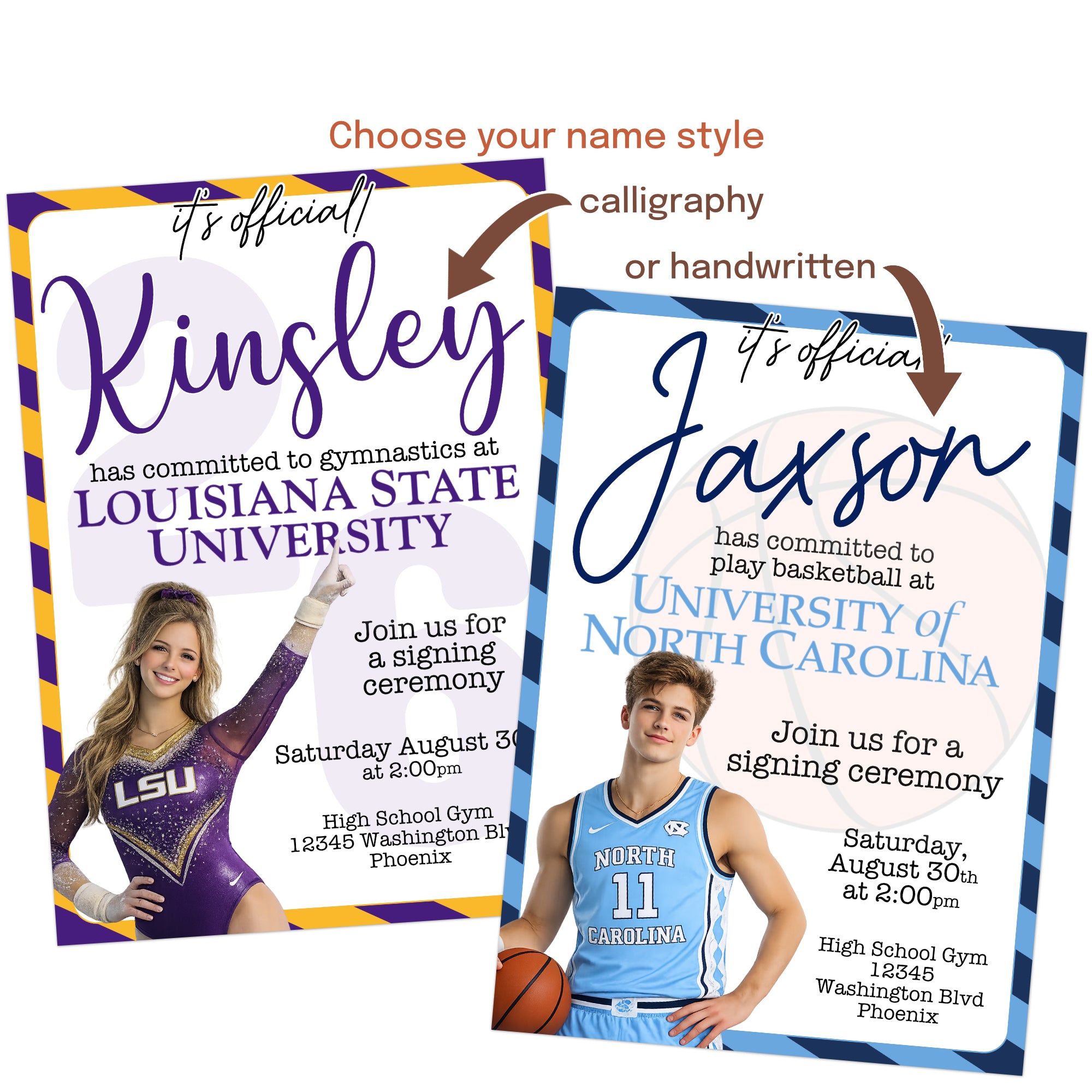 Modern college signing day invite customized for any university athlete, you pick the font for the name