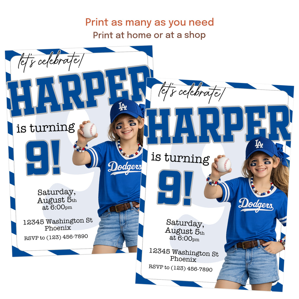 Blue baseball themed birthday invitation template featuring a girl holding a baseball with personalized team color party design.