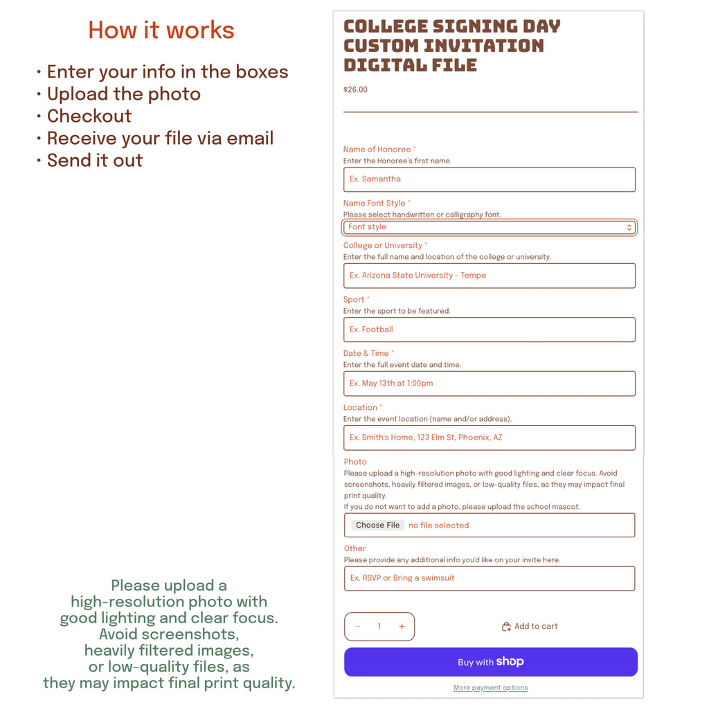 How to order personalized college signing day invitation digital download for athlete commitment celebration