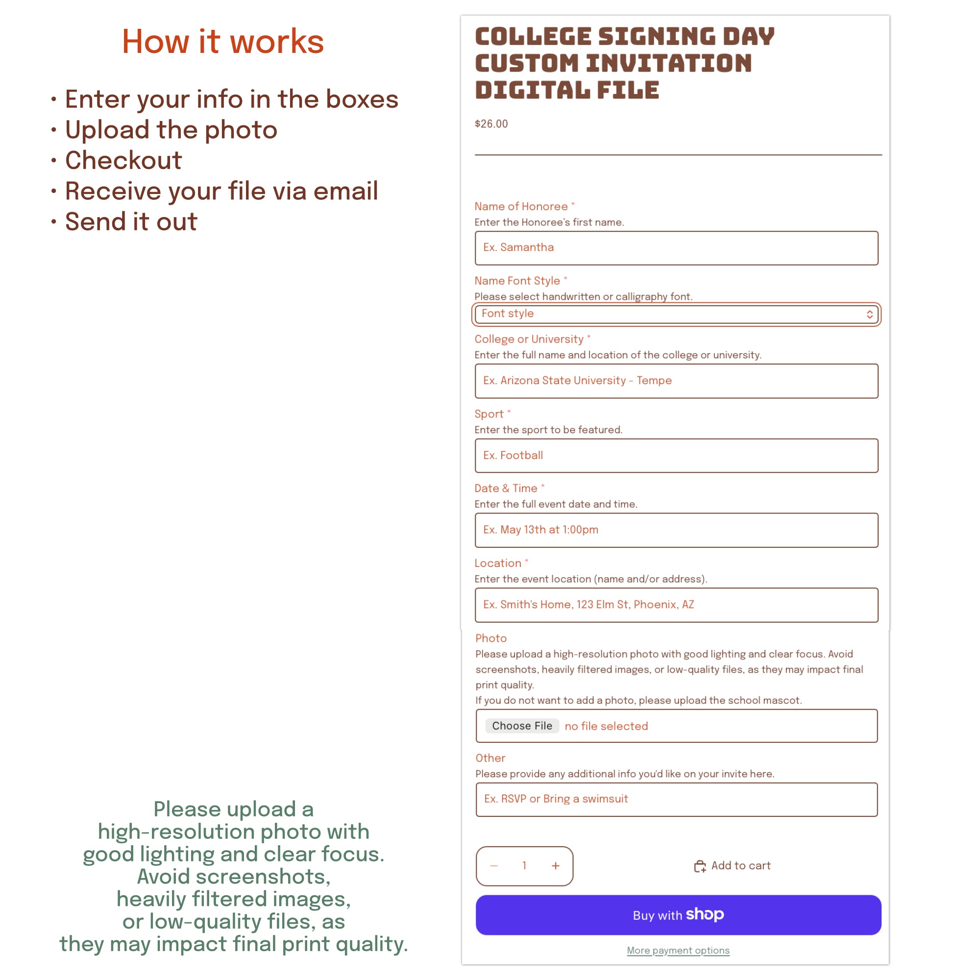 How to order personalized college signing day invitation digital download for athlete commitment celebration