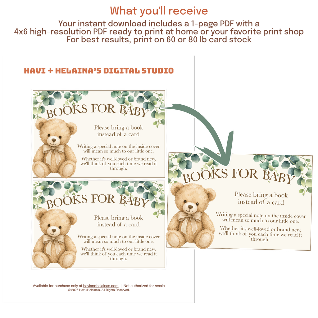 Teddy Bear Books for Baby card encouraging guests to bring a favorite book and leave a special note for baby.