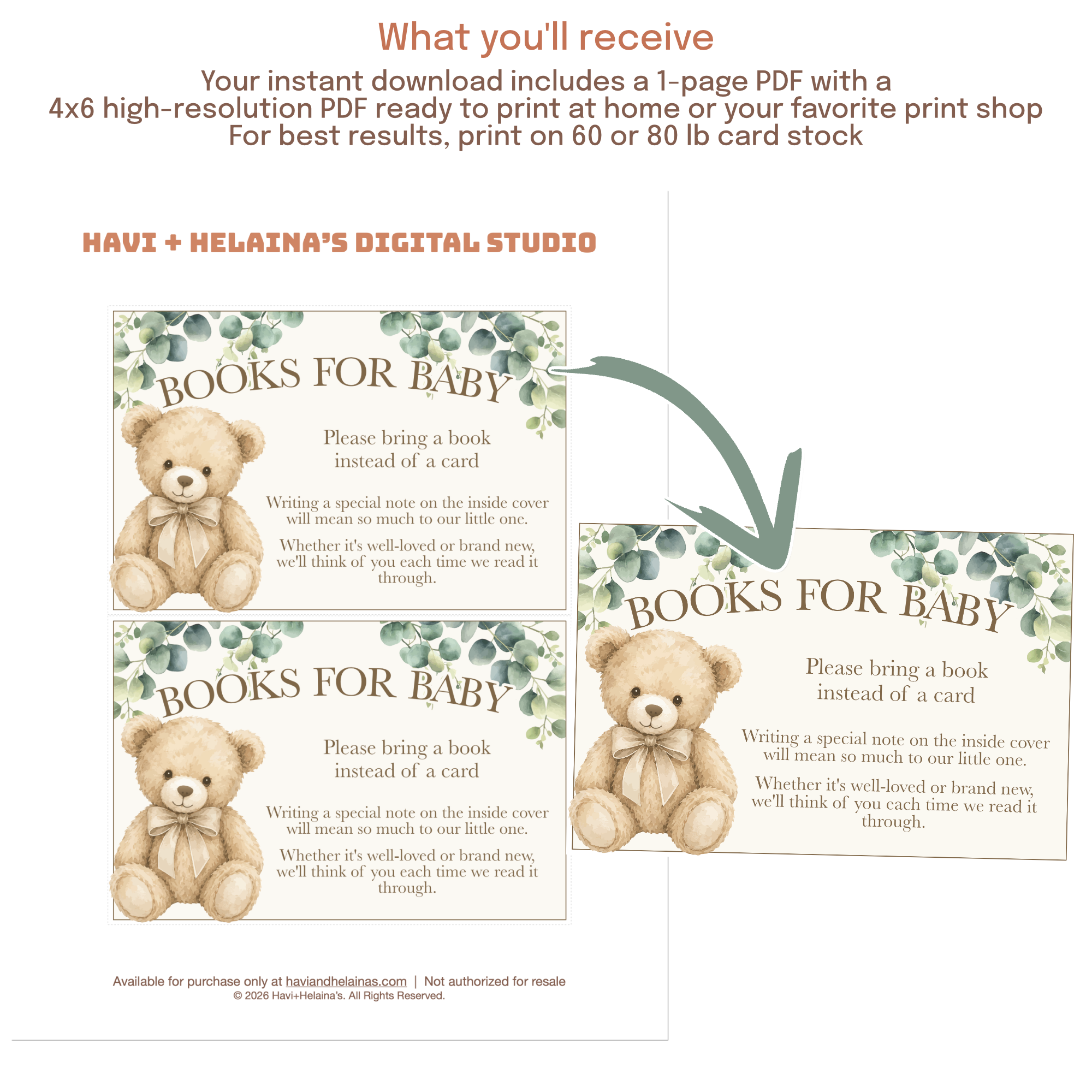Teddy Bear Books for Baby card encouraging guests to bring a favorite book and leave a special note for baby.