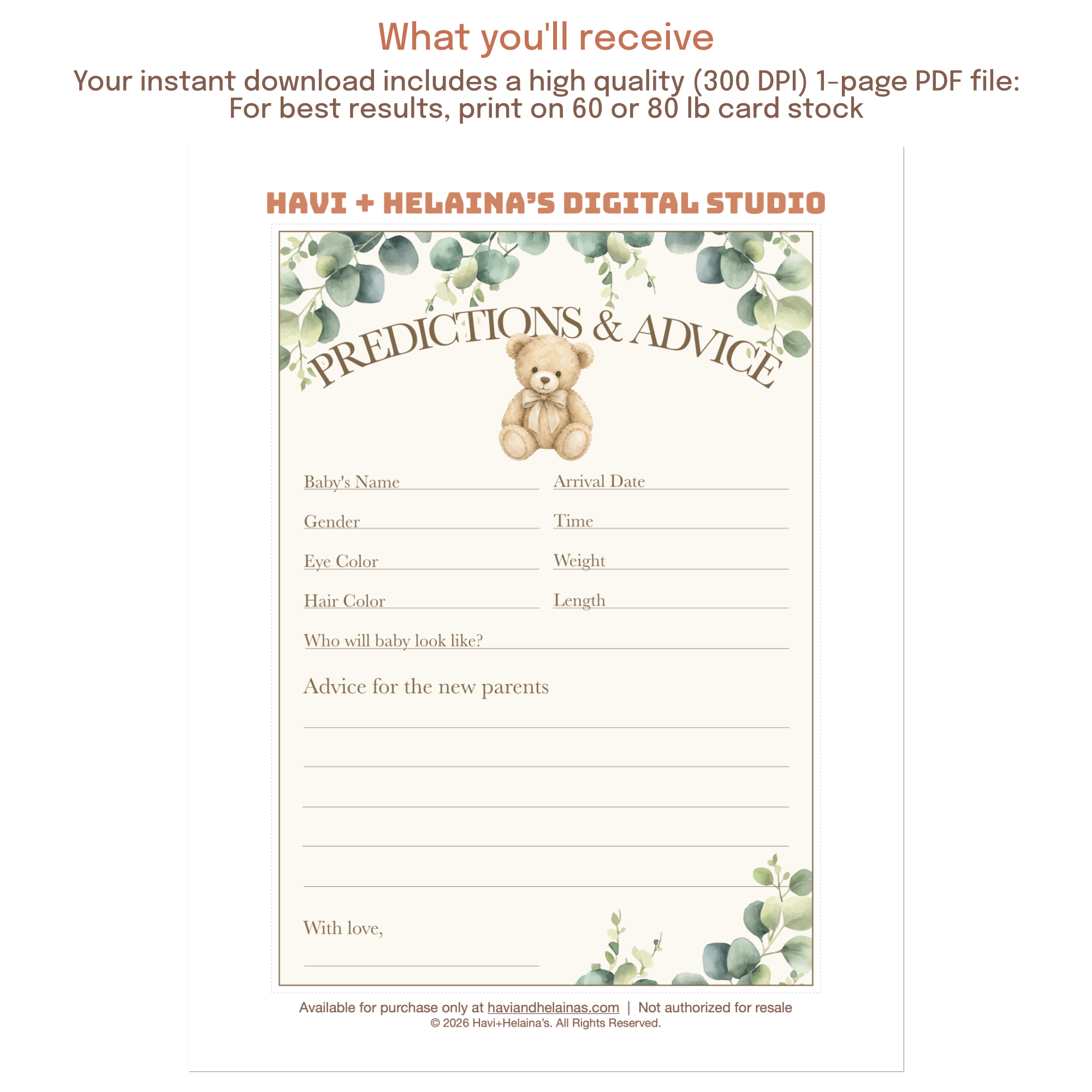 Printable advice card allowing guests to share parenting advice and well wishes for the parents-to-be.