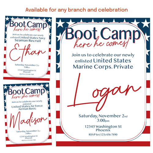 Military boot camp send off invitation examples for Marine Corps, Navy, and Air Force recruits, patriotic enlistment party invite