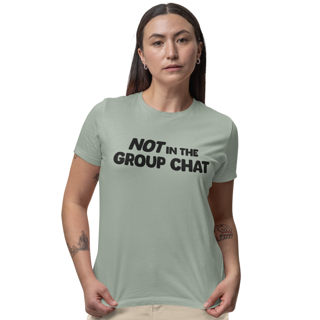 Not in the group chat t-shirt in graphite color relaxed fit on model