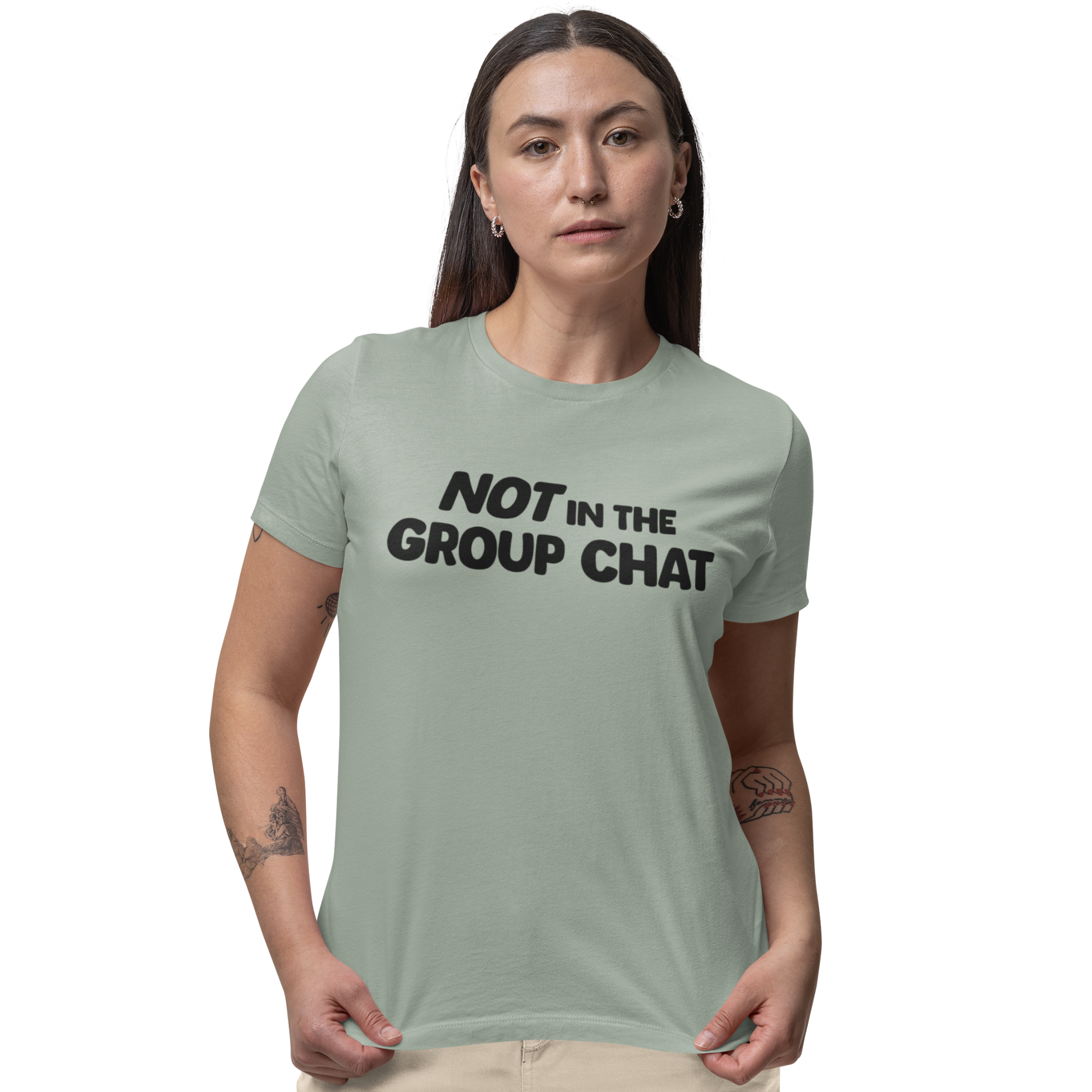 Not in the group chat t-shirt in graphite color relaxed fit on model