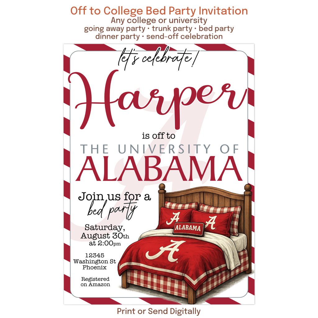 Modern bed party invitation with photo in college colors for a stylish send off celebration