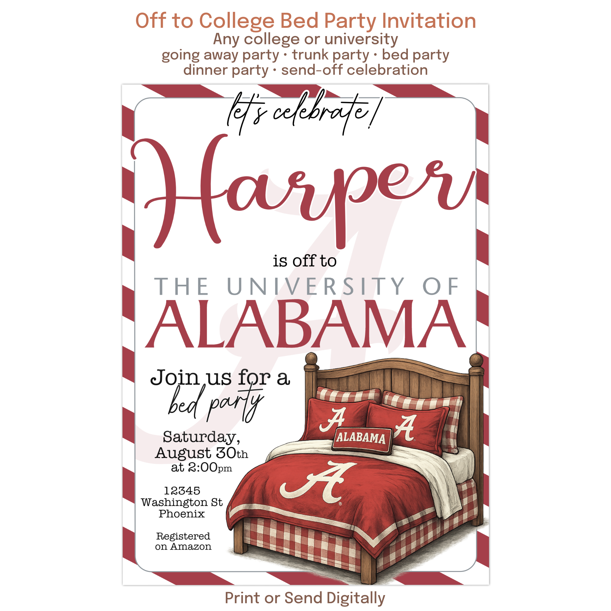 Modern bed party invitation with photo in college colors for a stylish send off celebration