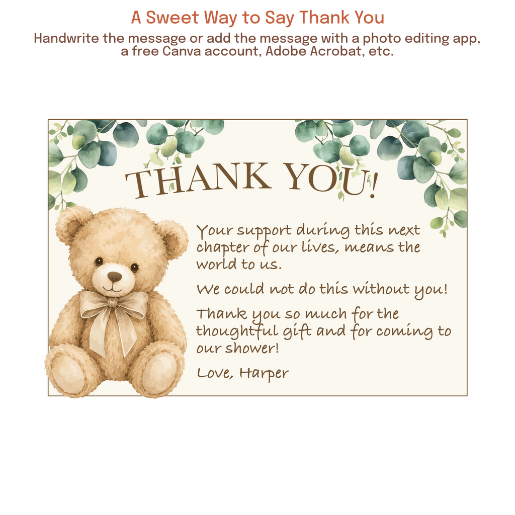 Teddy bear thank you card template with space to handwrite or add your own custom message.