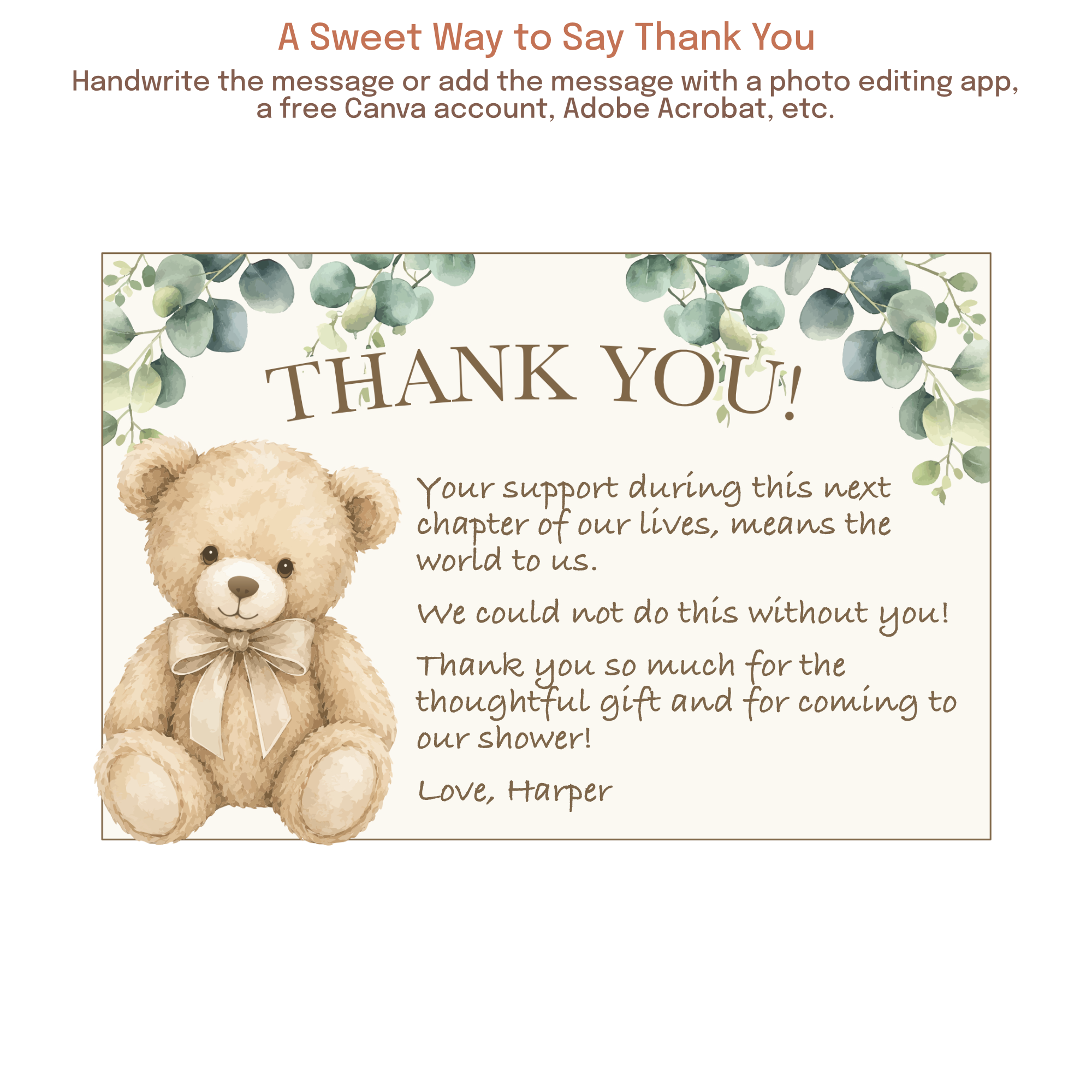 Teddy bear thank you card template with space to handwrite or add your own custom message.