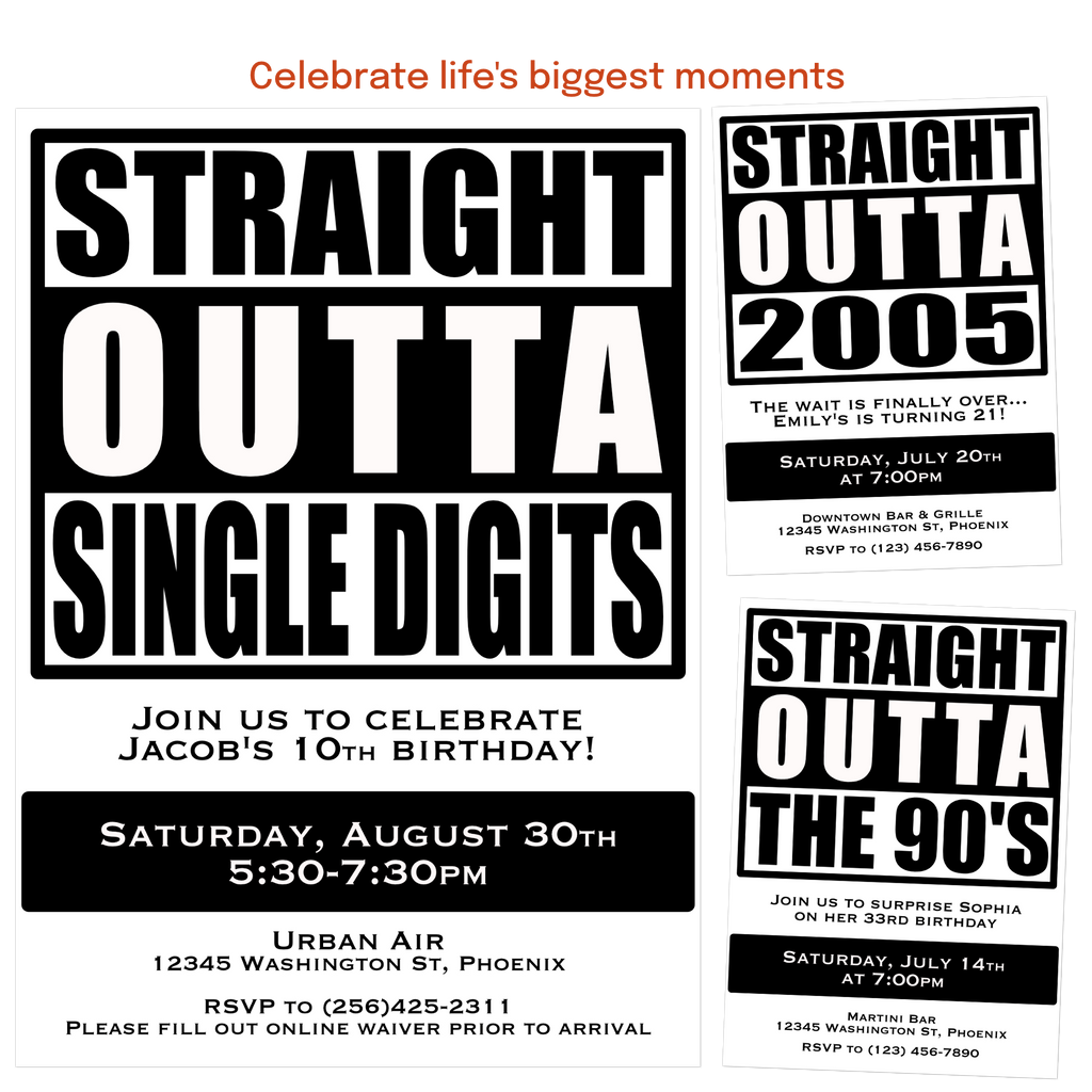 Modern black and gold birthday invitation personalized for adults and milestone celebrations.