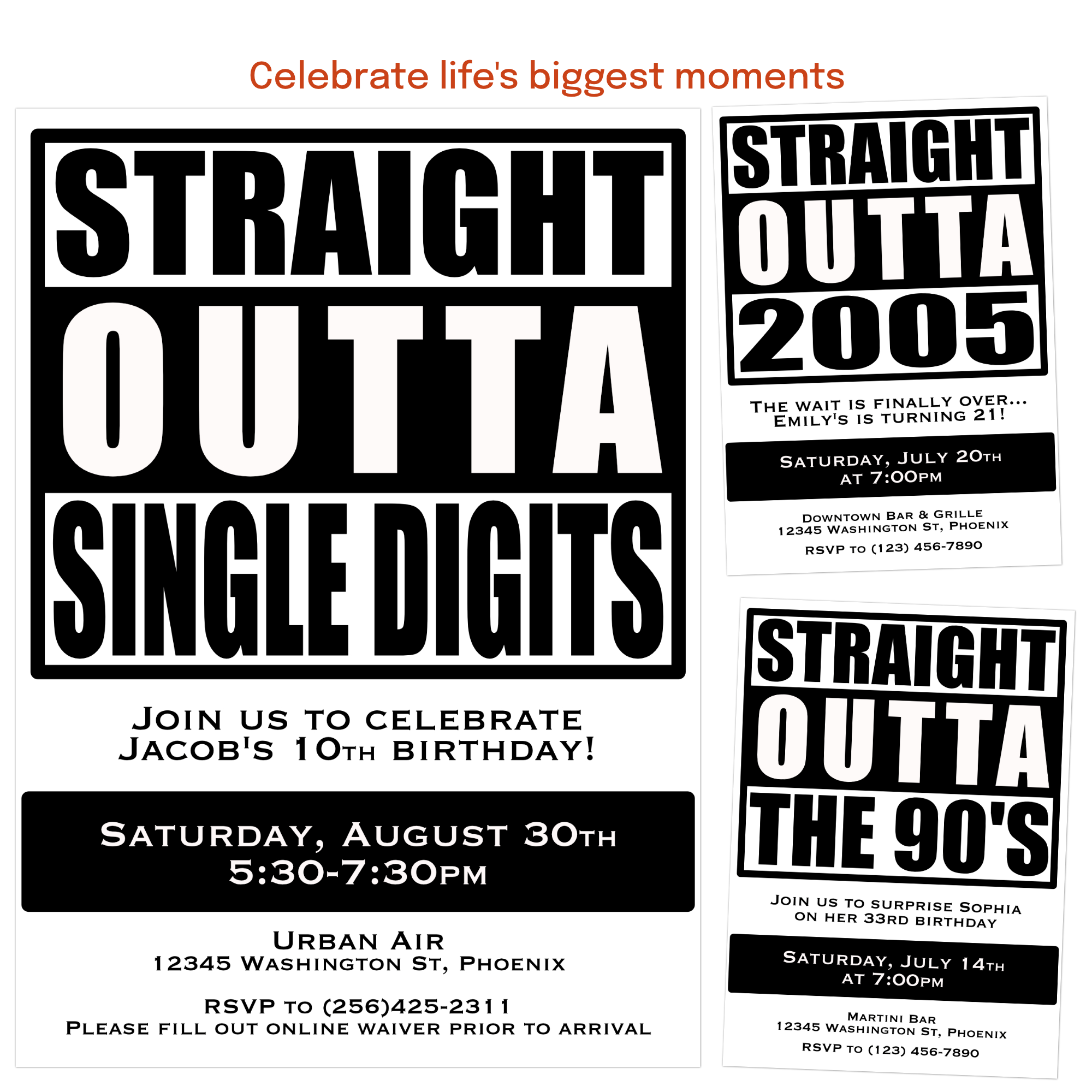 Modern black and gold birthday invitation personalized for adults and milestone celebrations.