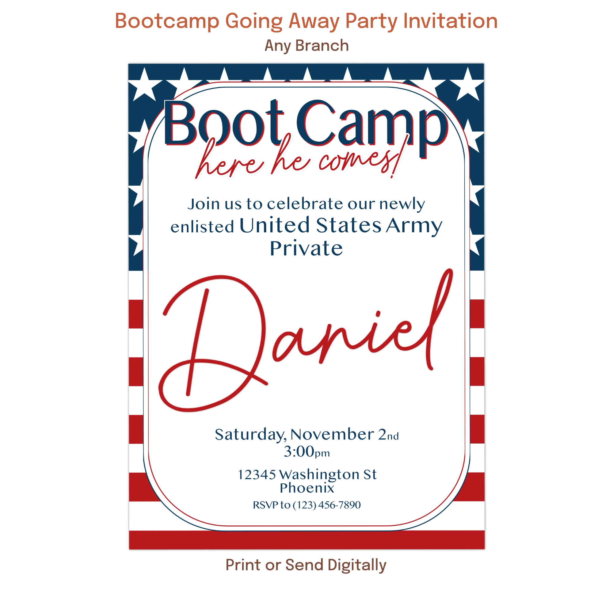 Boot camp send off invitation for United States Army recruit, patriotic military enlistment party invitation template