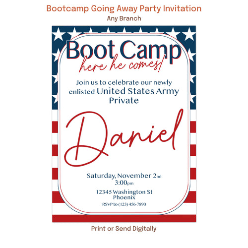 Boot camp send off invitation for United States Army recruit, patriotic military enlistment party invitation template