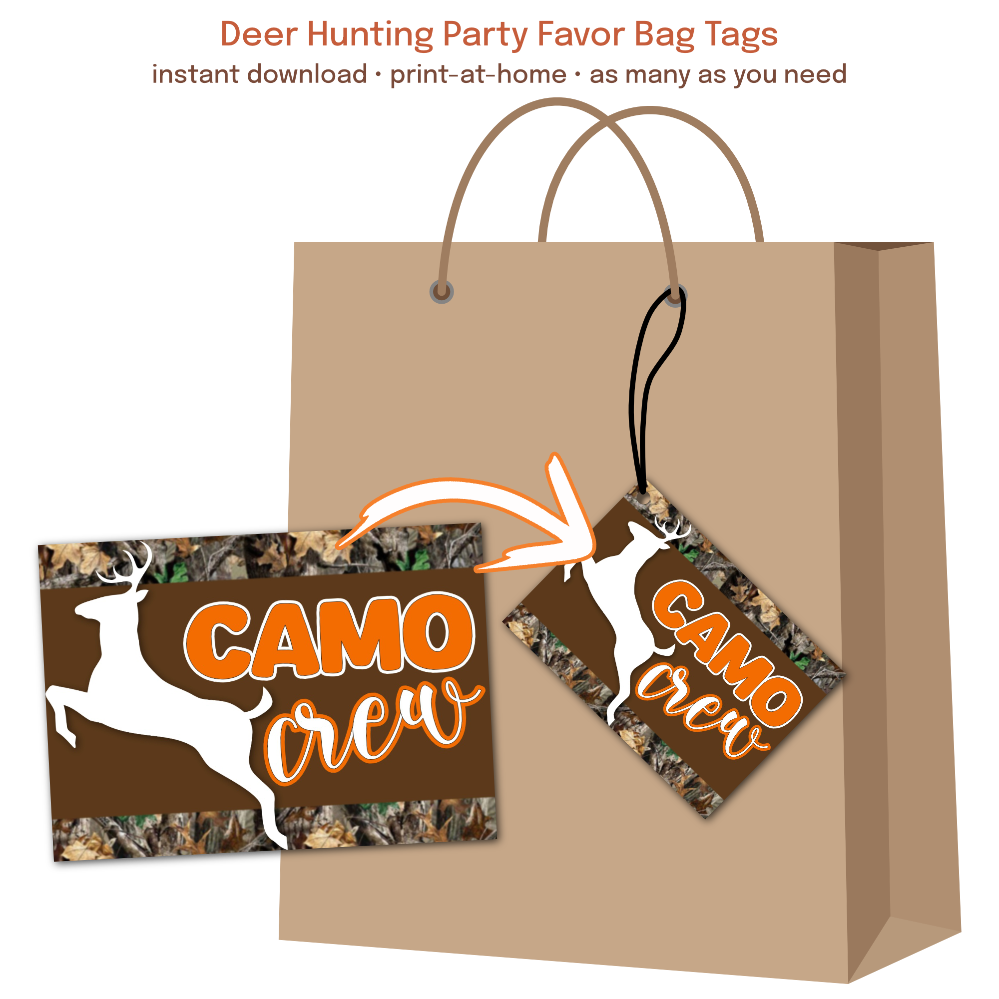 camo crew deer hunting bag tags for boys birthday party favors with deer silhouette and camo design