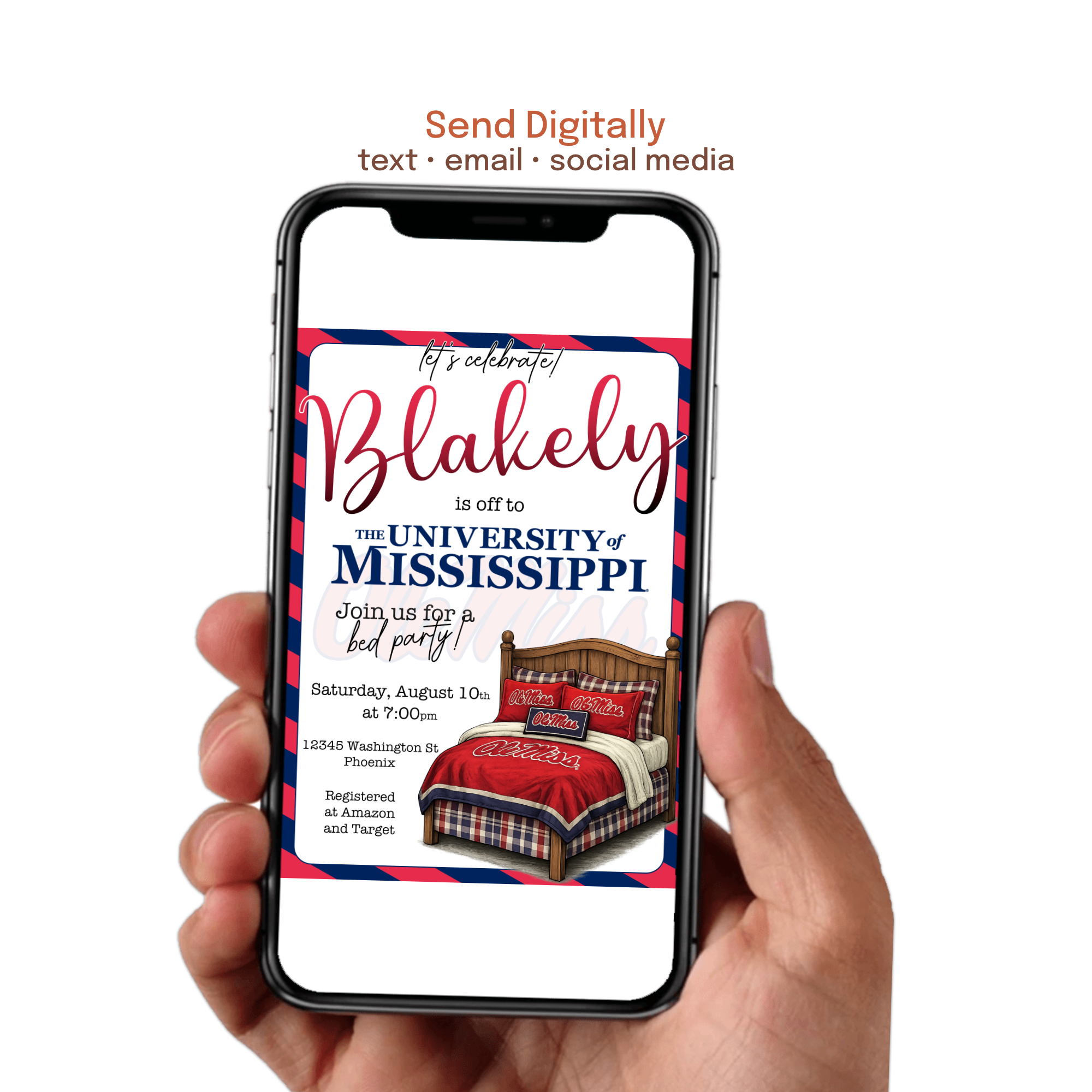 minimal modern bed party invitation design with clean typography and layout