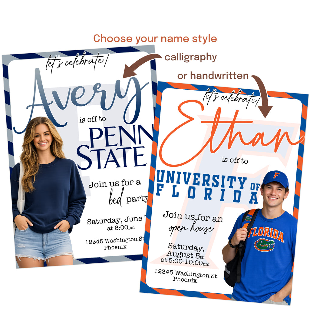 Modern off to college invitation design personalized for any college or university