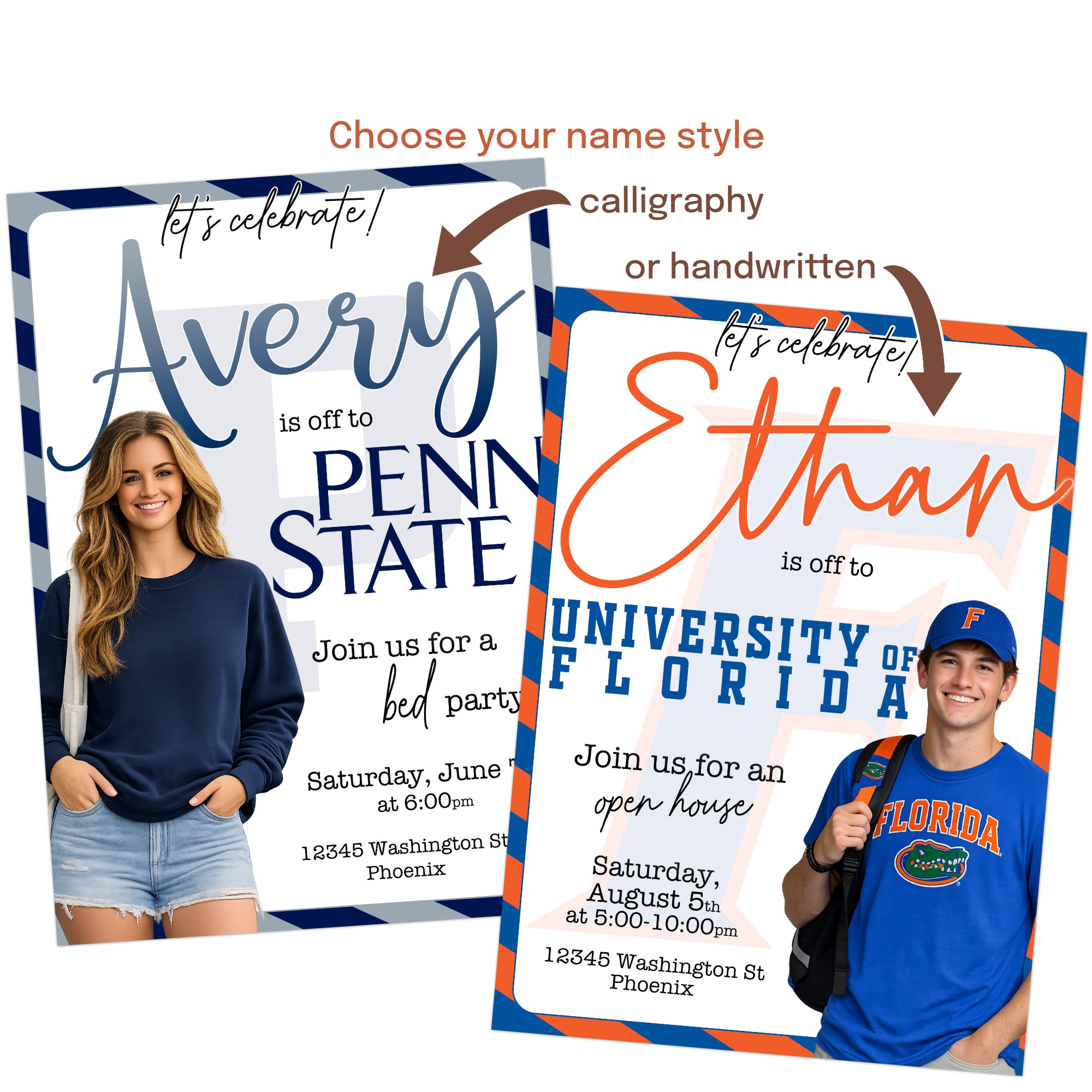 Modern off to college invitation design personalized for any college or university