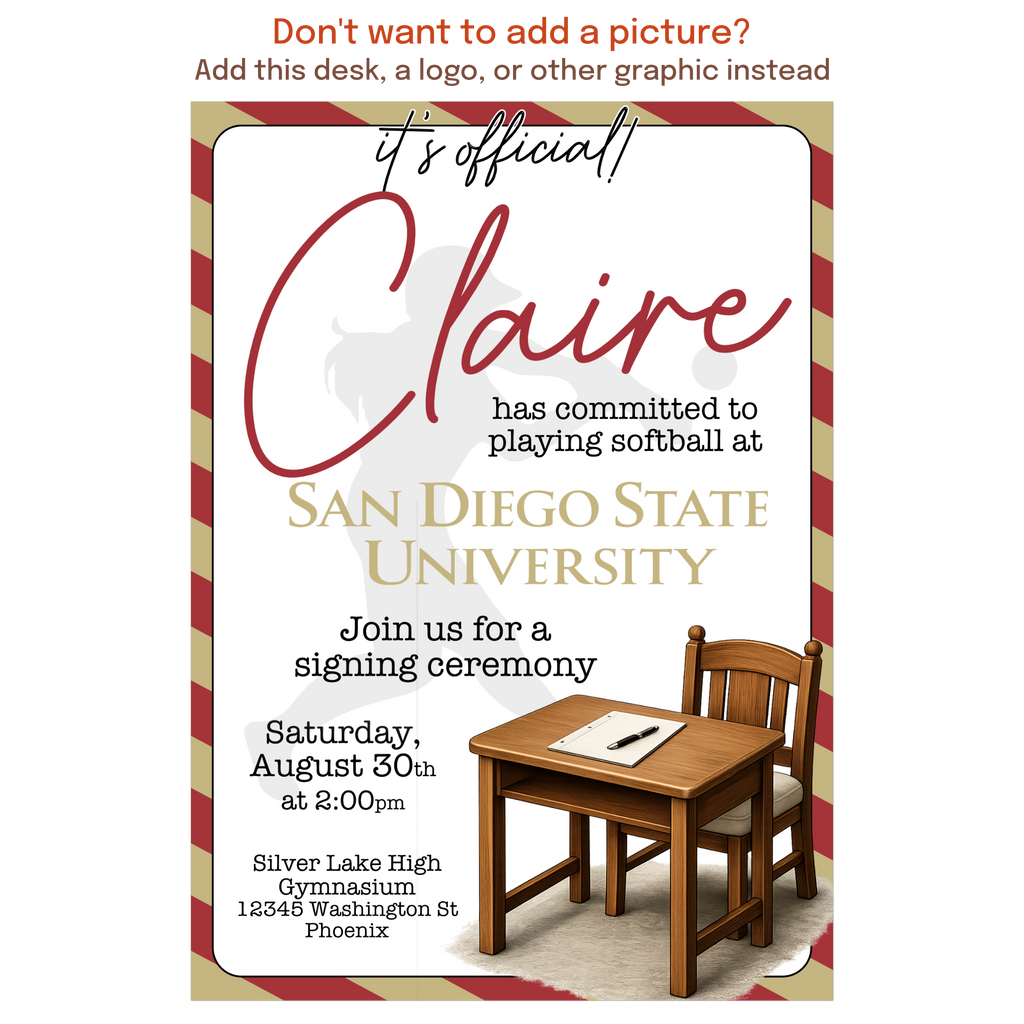 Personalized college signing day invitation featuring athlete photo, custom school colors, and modern layout for commitment announcement or signing ceremony