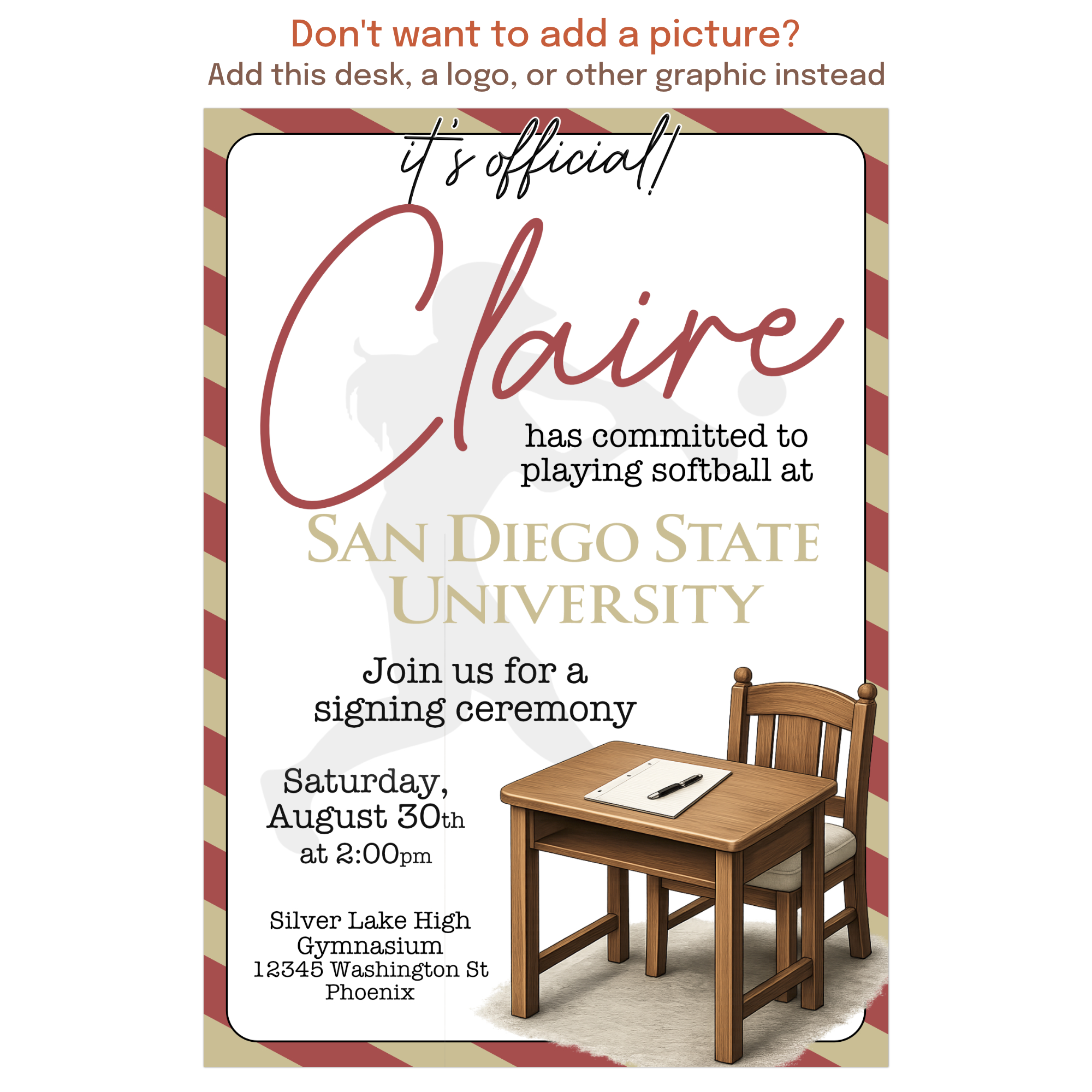 Personalized college signing day invitation featuring athlete photo, custom school colors, and modern layout for commitment announcement or signing ceremony