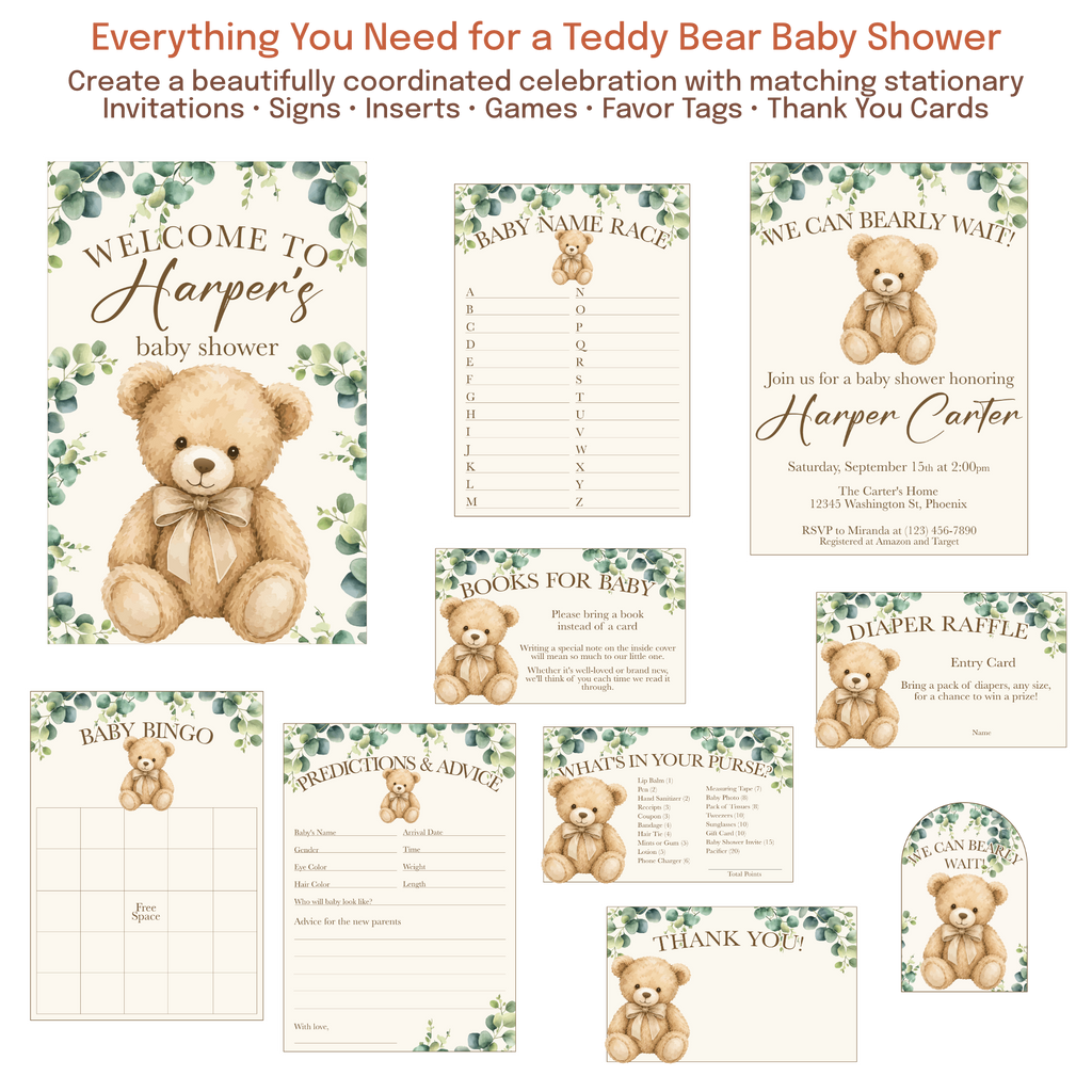 Coordinating teddy bear baby shower collection featuring matching invitations, welcome signs, games, inserts, favor tags, and thank you cards in a neutral eucalyptus theme.