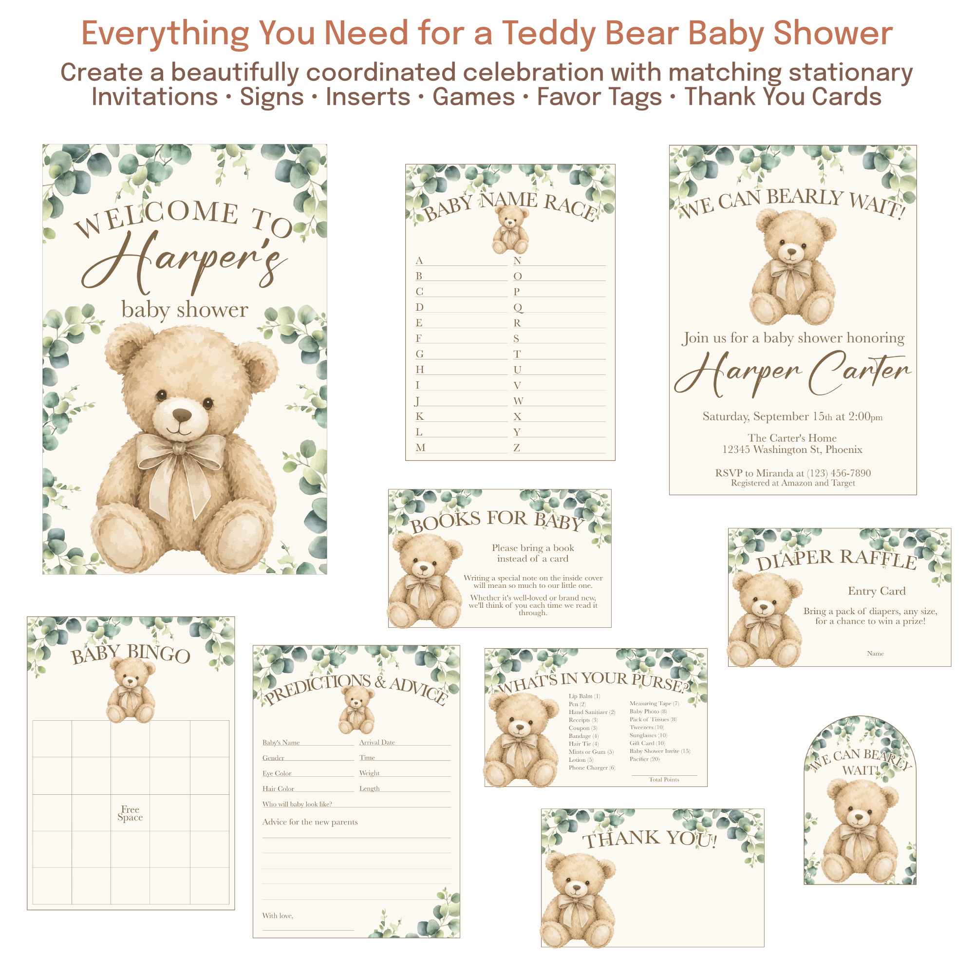 Coordinating teddy bear baby shower collection featuring matching invitations, welcome signs, games, inserts, favor tags, and thank you cards in a neutral eucalyptus theme.