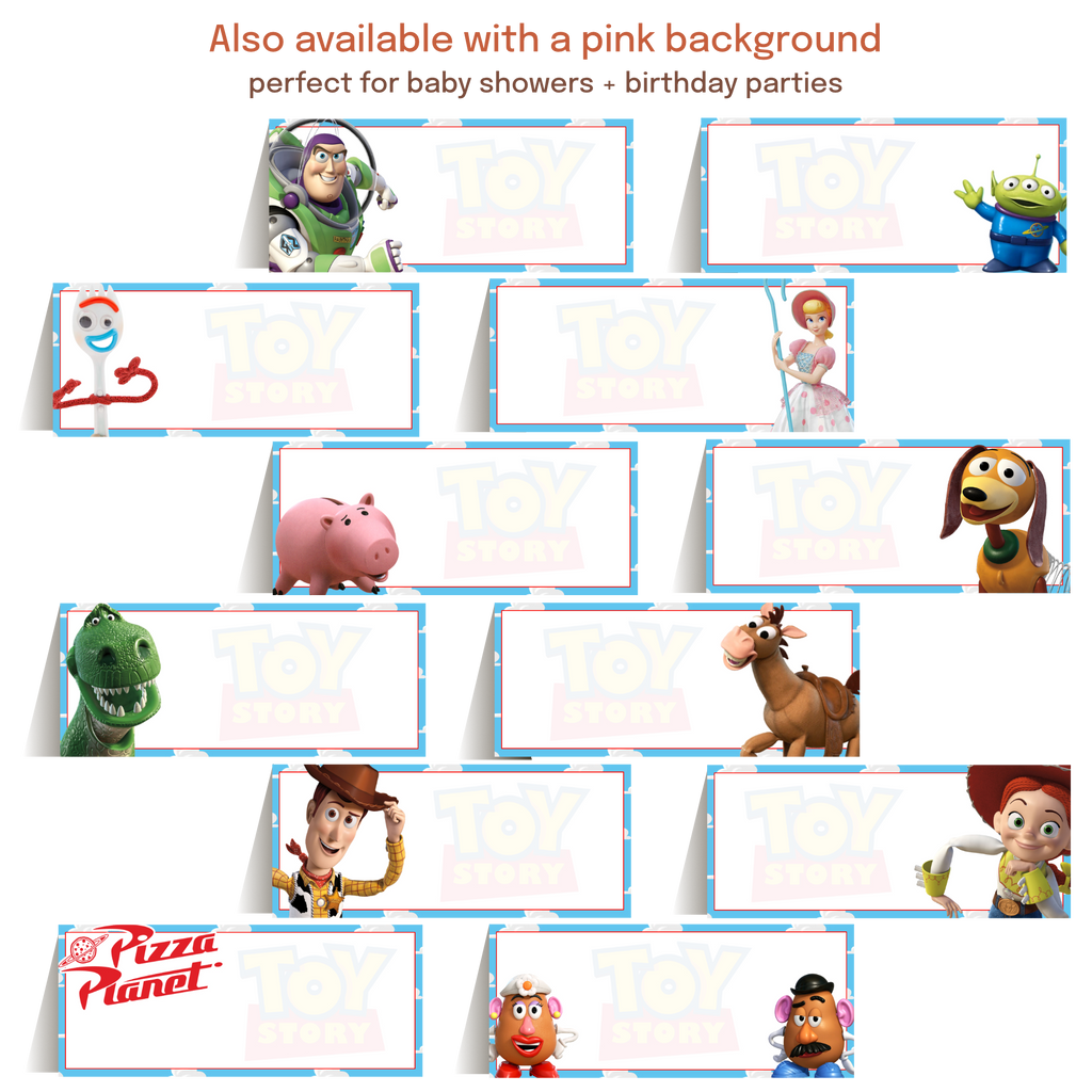 Matching printable food labels, place cards, and table tents coordinating with invitations and party decorations