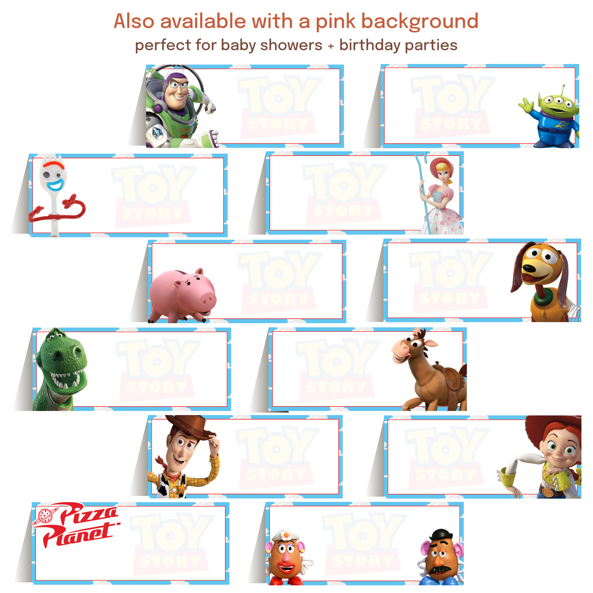 Matching printable food labels, place cards, and table tents coordinating with invitations and party decorations