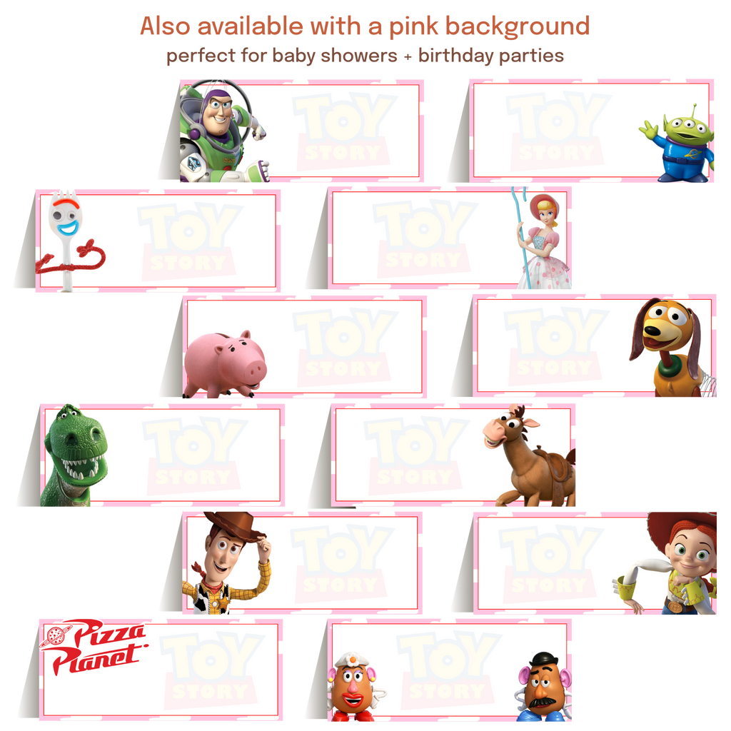 Matching printable food labels, place cards, and table tents coordinating with invitations and party decorations