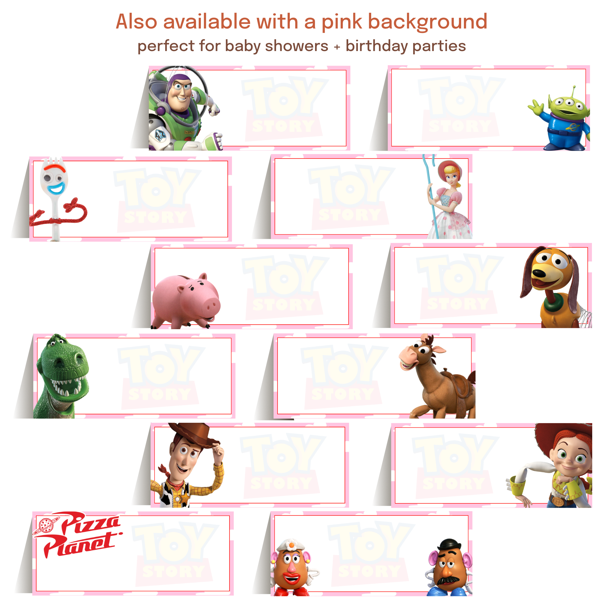 Matching printable food labels, place cards, and table tents coordinating with invitations and party decorations