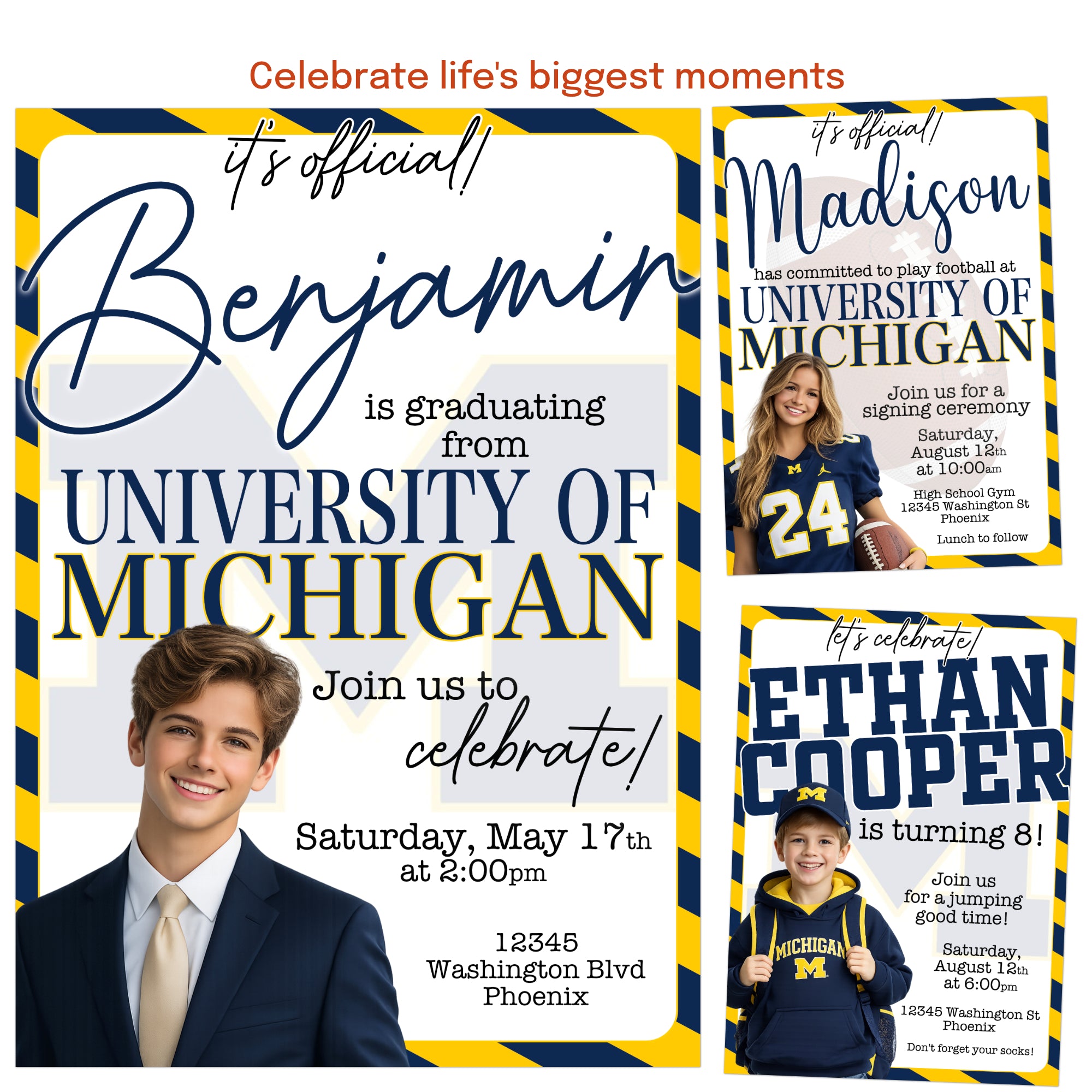 Custom college going away party invitation with personalized text and school colors