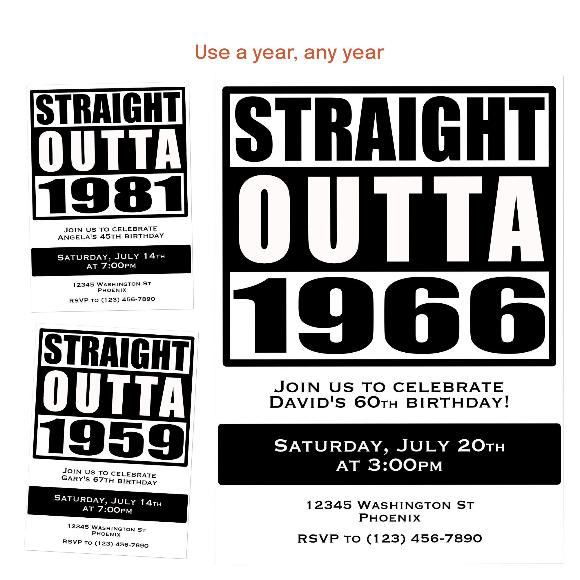Personalized birthday invitation featuring custom birth years and milestone birthday themes.