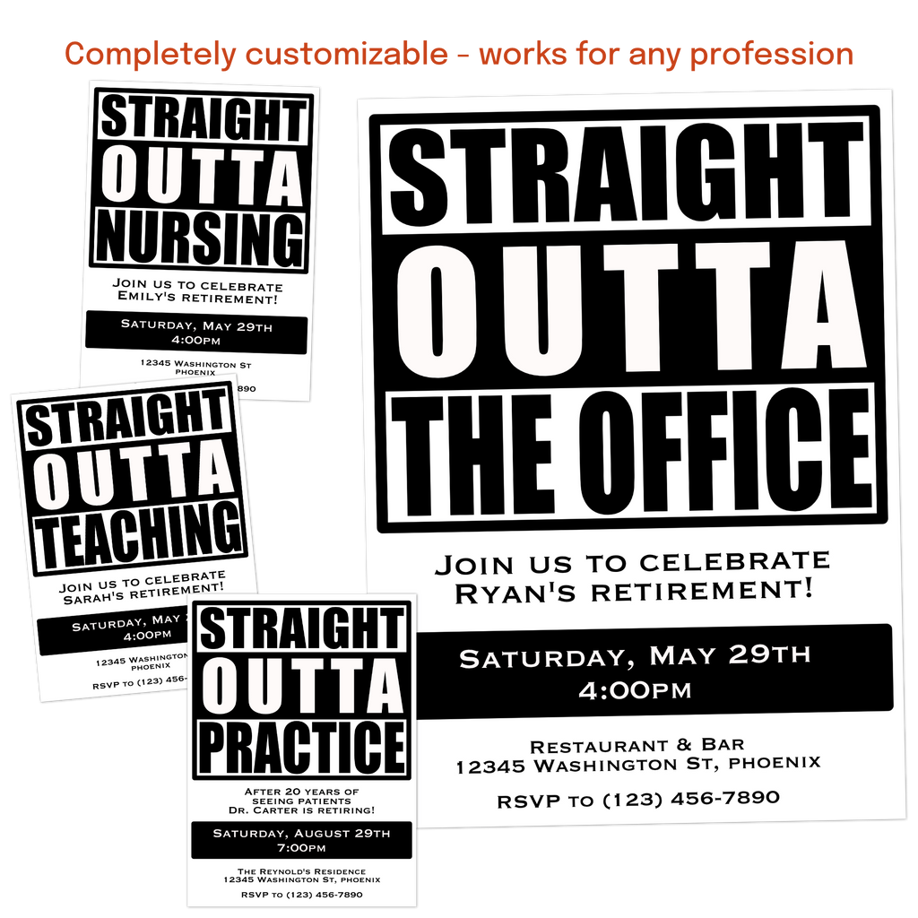 Retirement invitation customized for teachers, nurses, police officers, firefighters, corporate professionals, and more.