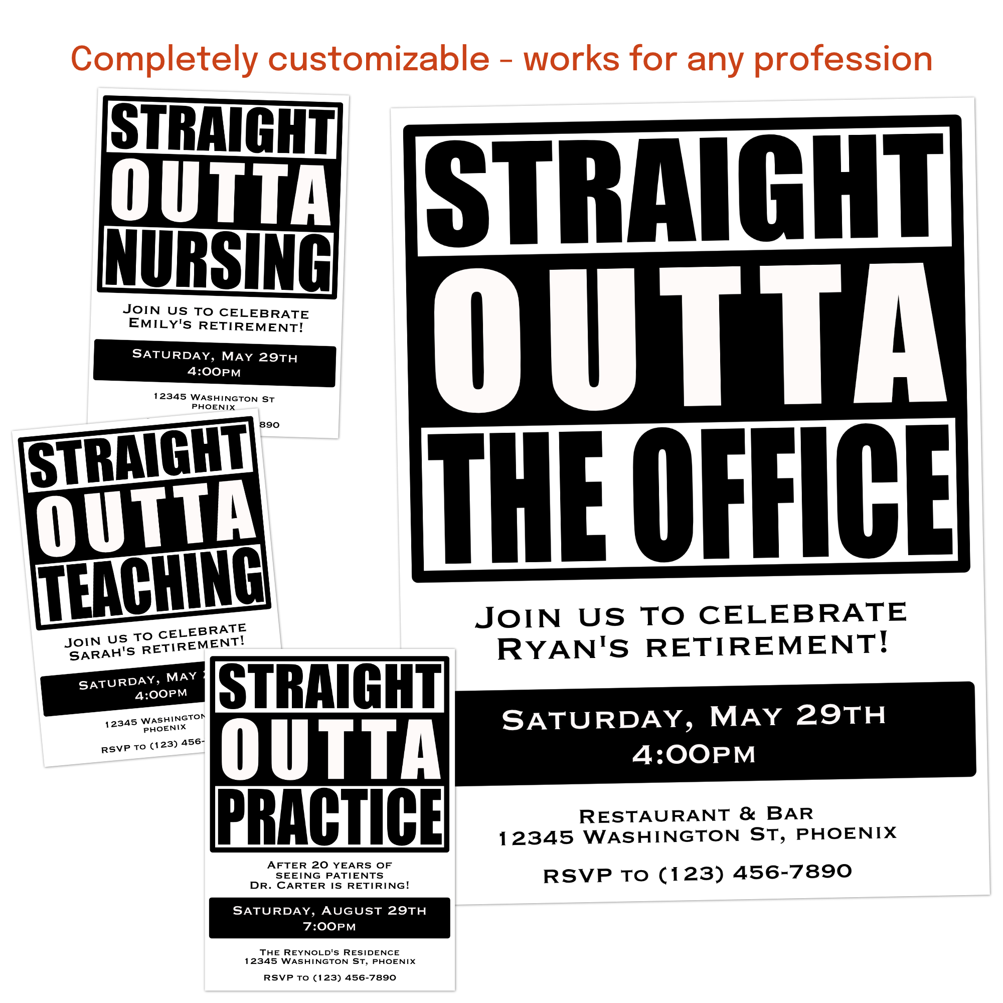 Retirement invitation customized for teachers, nurses, police officers, firefighters, corporate professionals, and more.