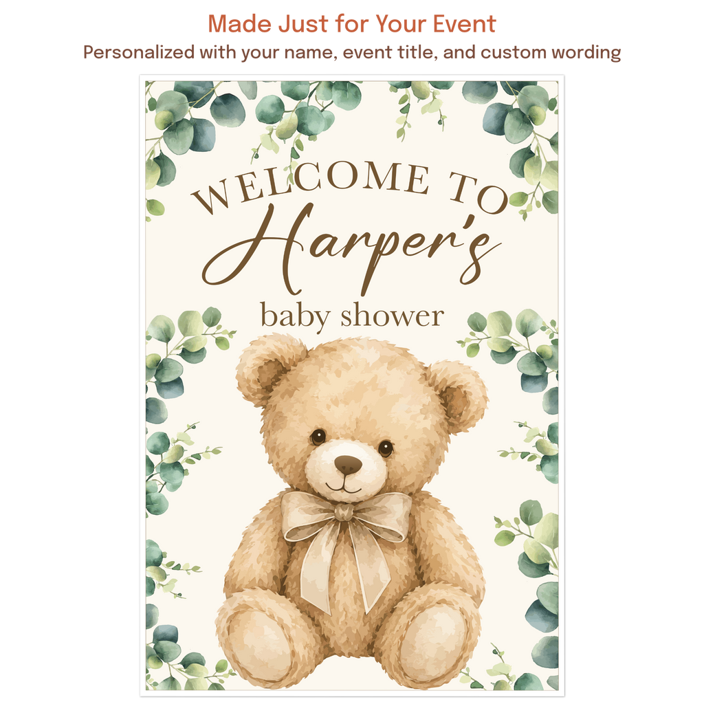 Personalized teddy bear baby shower sign customized with the guest of honor's name and event details in a neutral watercolor design.