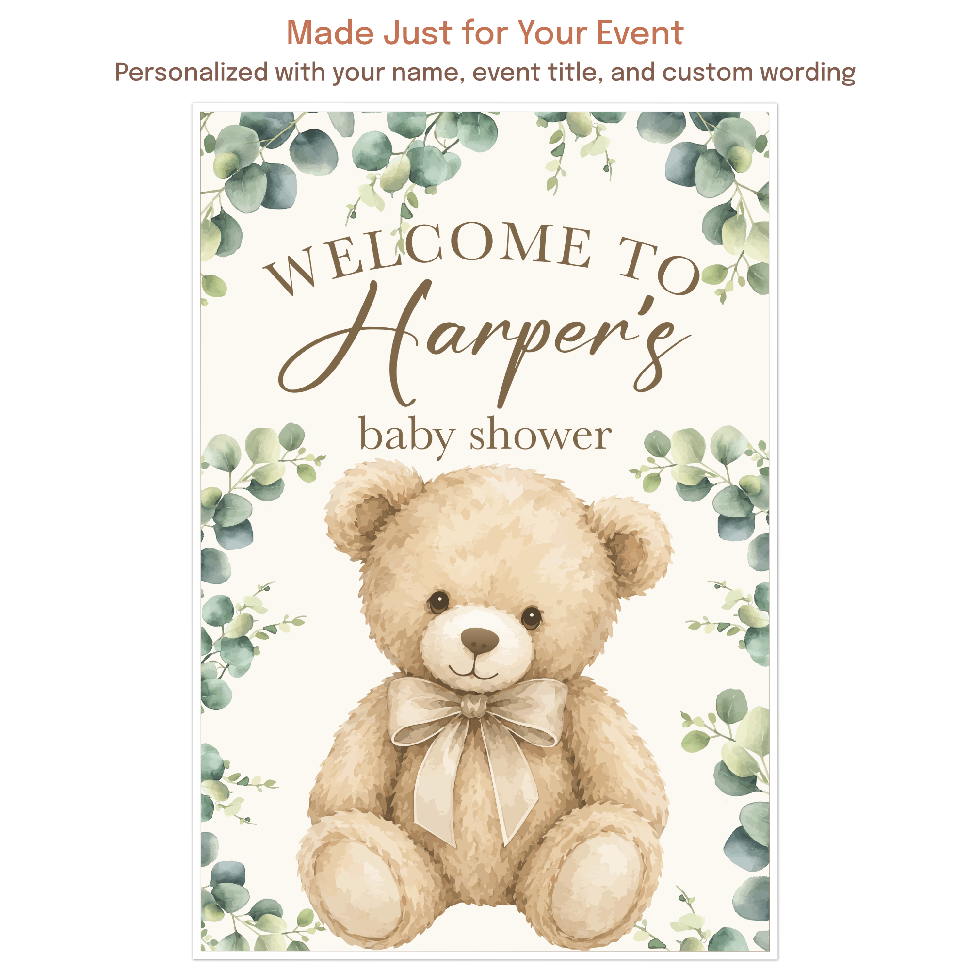 Personalized teddy bear baby shower sign customized with the guest of honor's name and event details in a neutral watercolor design.