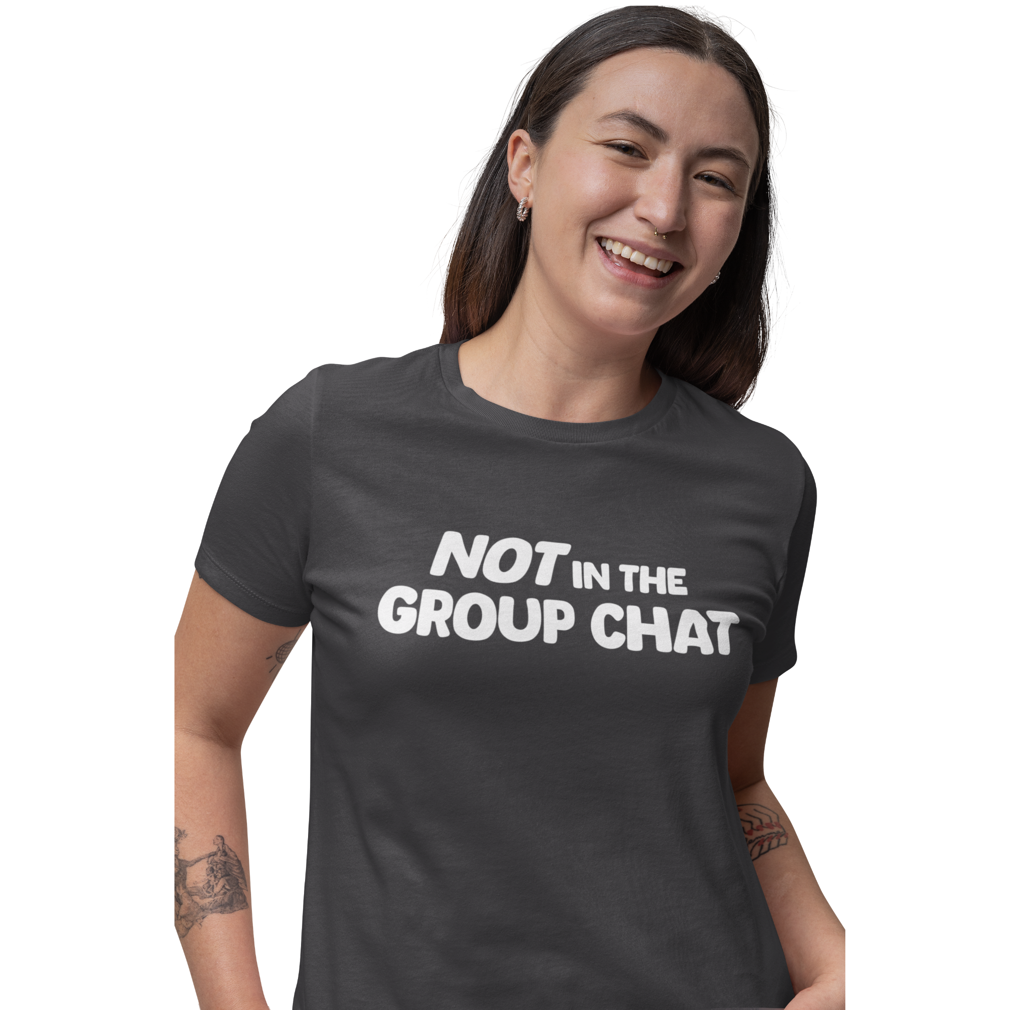 Not in the group chat t-shirt in graphite/dark grey color worn by woman front view, close-up