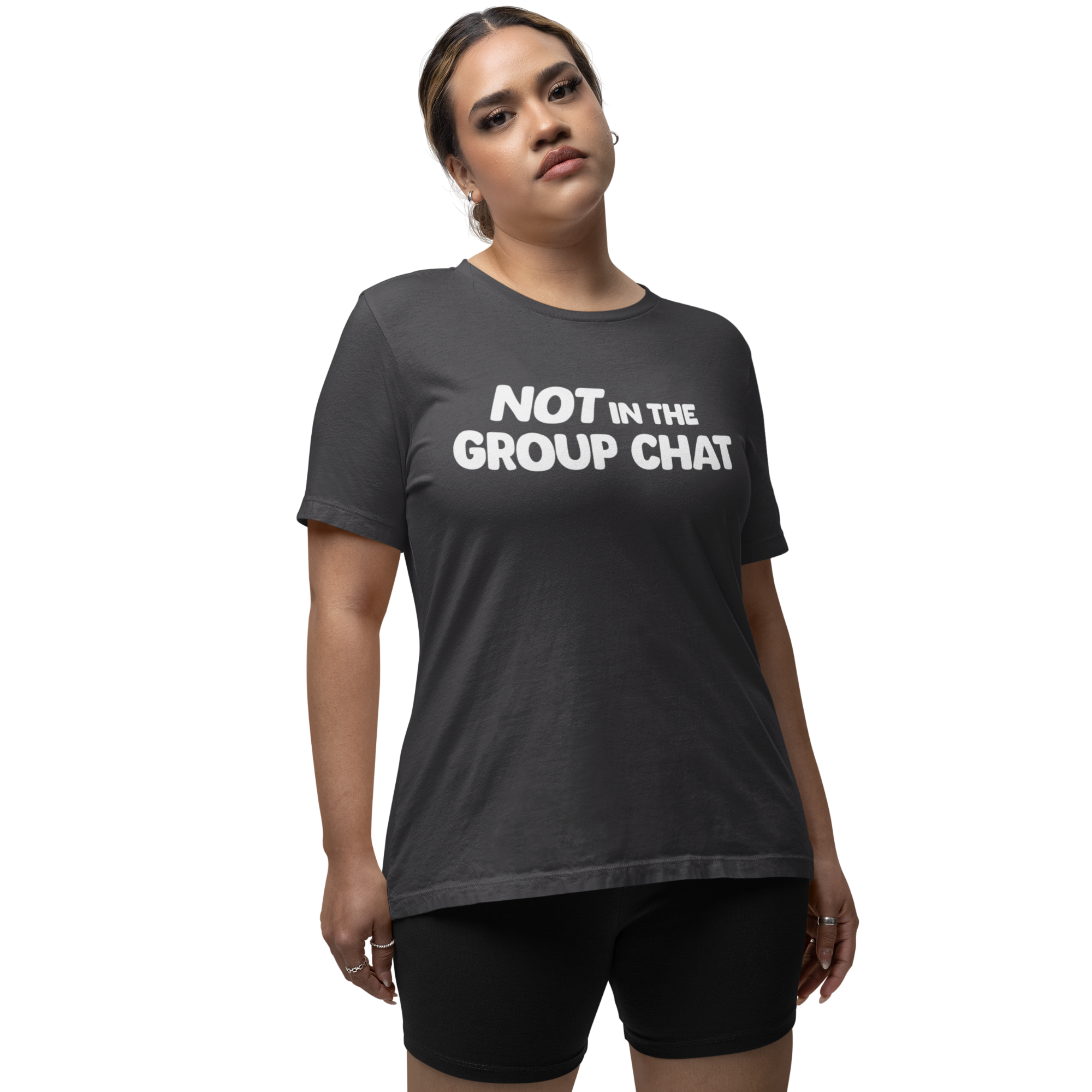 Not in the group chat shirt in graphite/dark gray color styled on model everyday outfit