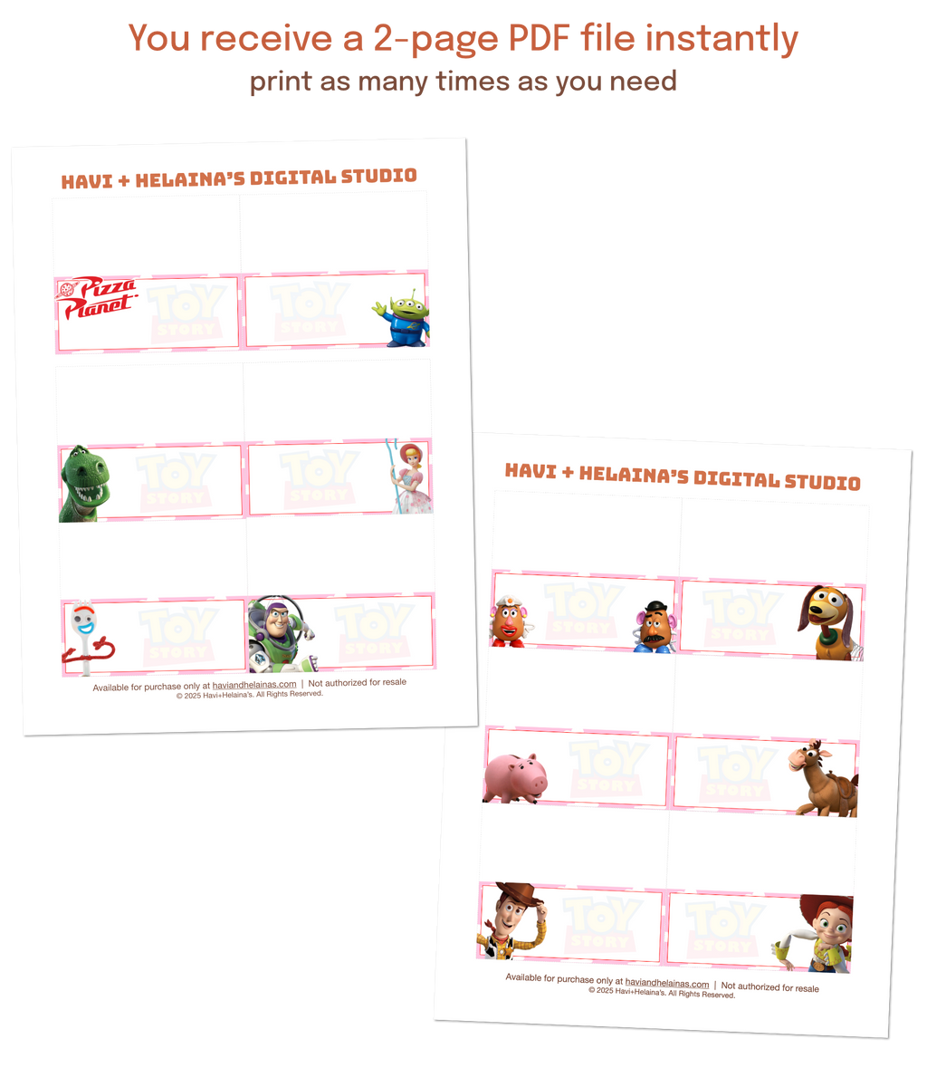 Instant download pink Toy Story food labels and table tents printed at home and folded for easy event decorating