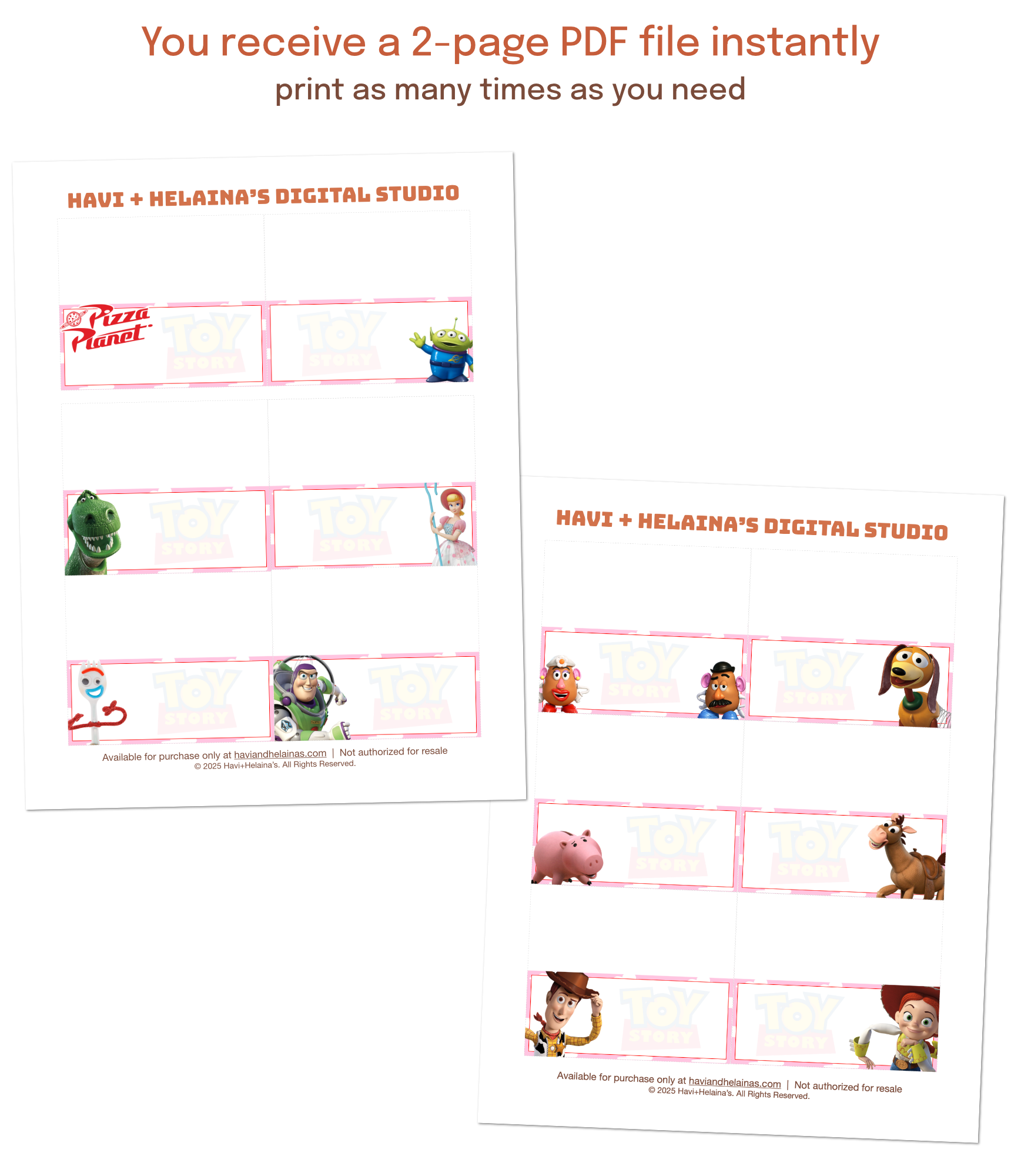 Instant download pink Toy Story food labels and table tents printed at home and folded for easy event decorating