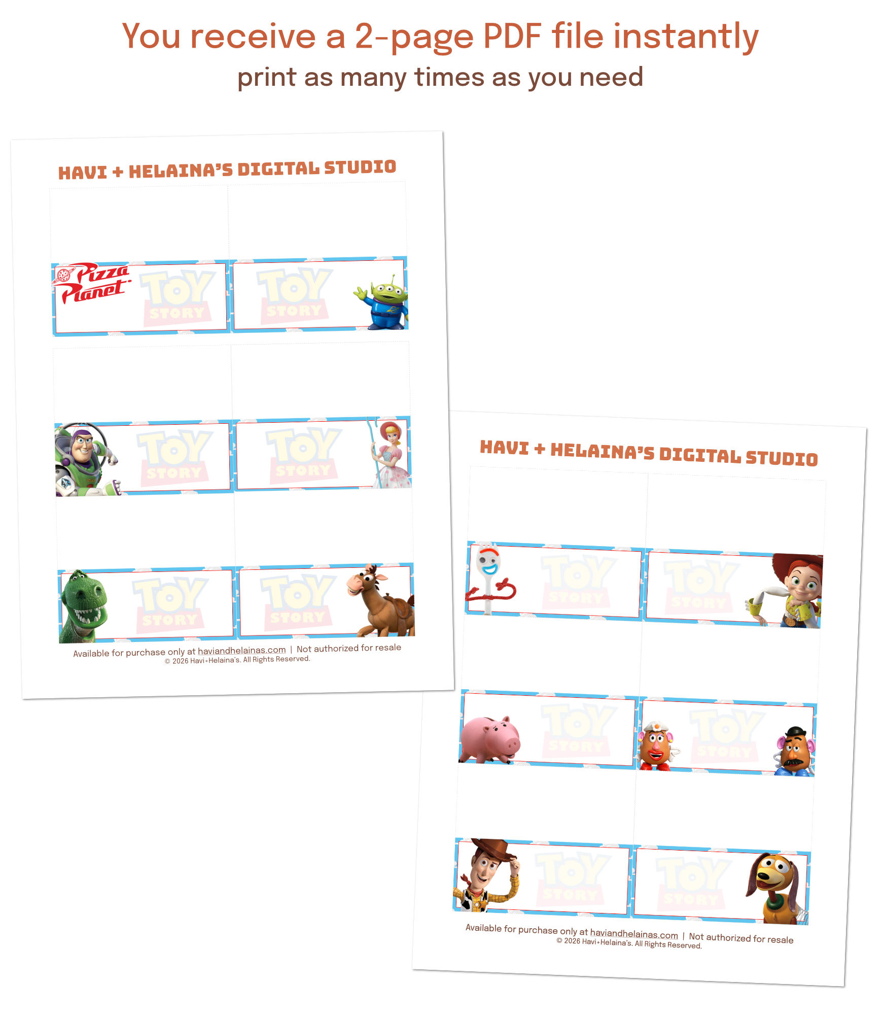 Instant download blue Toy Story food labels and table tents printed at home and folded for easy event decorating